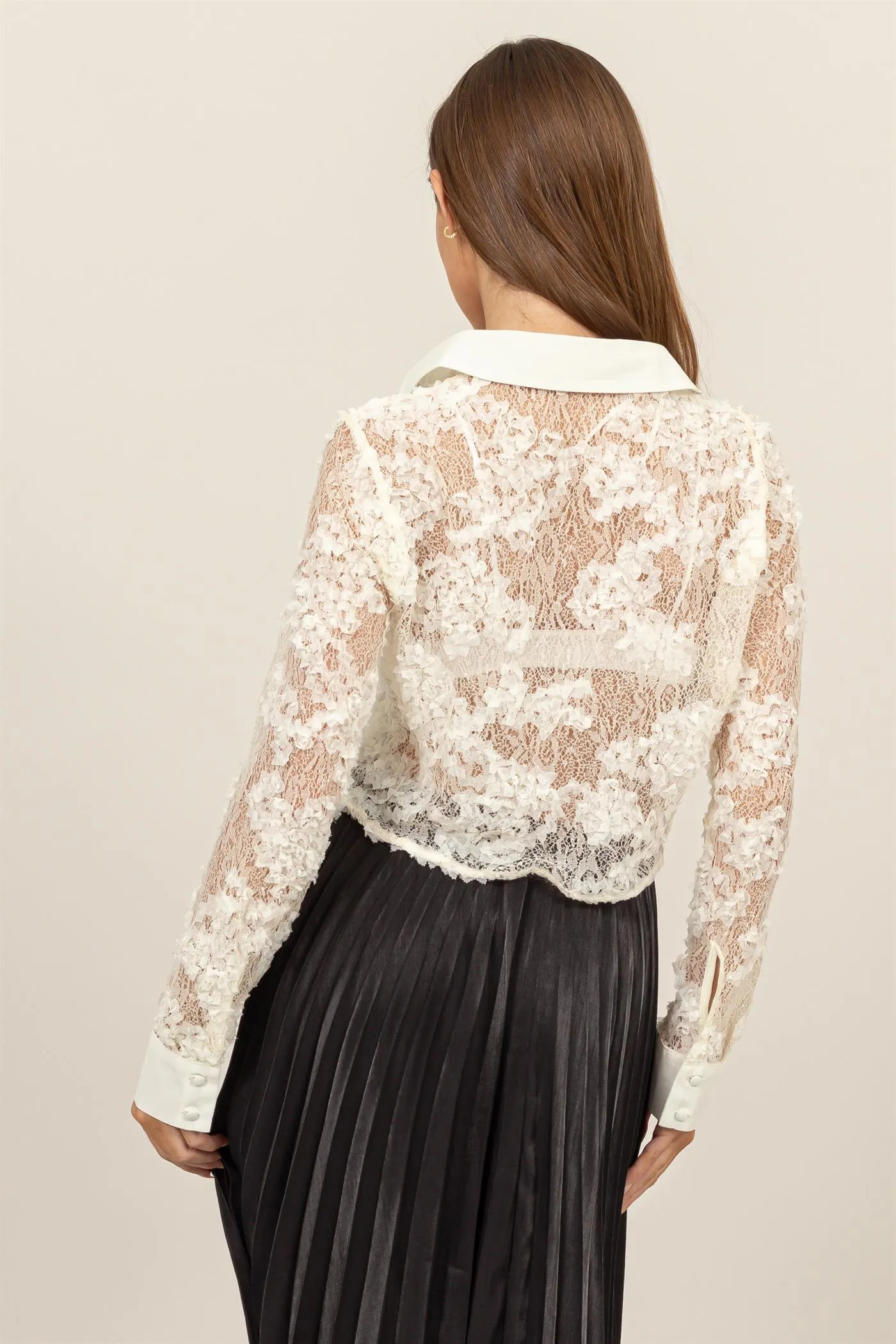 HF24F168-3D FLORAL LACE LONG SLEEVE BUTTON-UP TOP