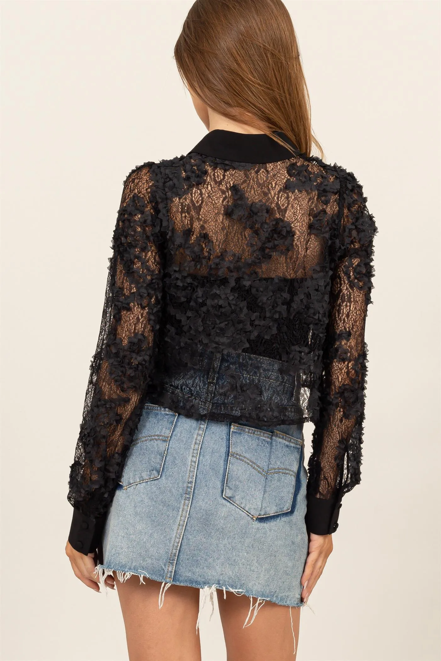 HF24F168-3D FLORAL LACE LONG SLEEVE BUTTON-UP TOP