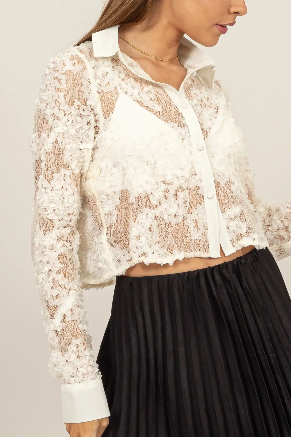 HF24F168-3D FLORAL LACE LONG SLEEVE BUTTON-UP TOP