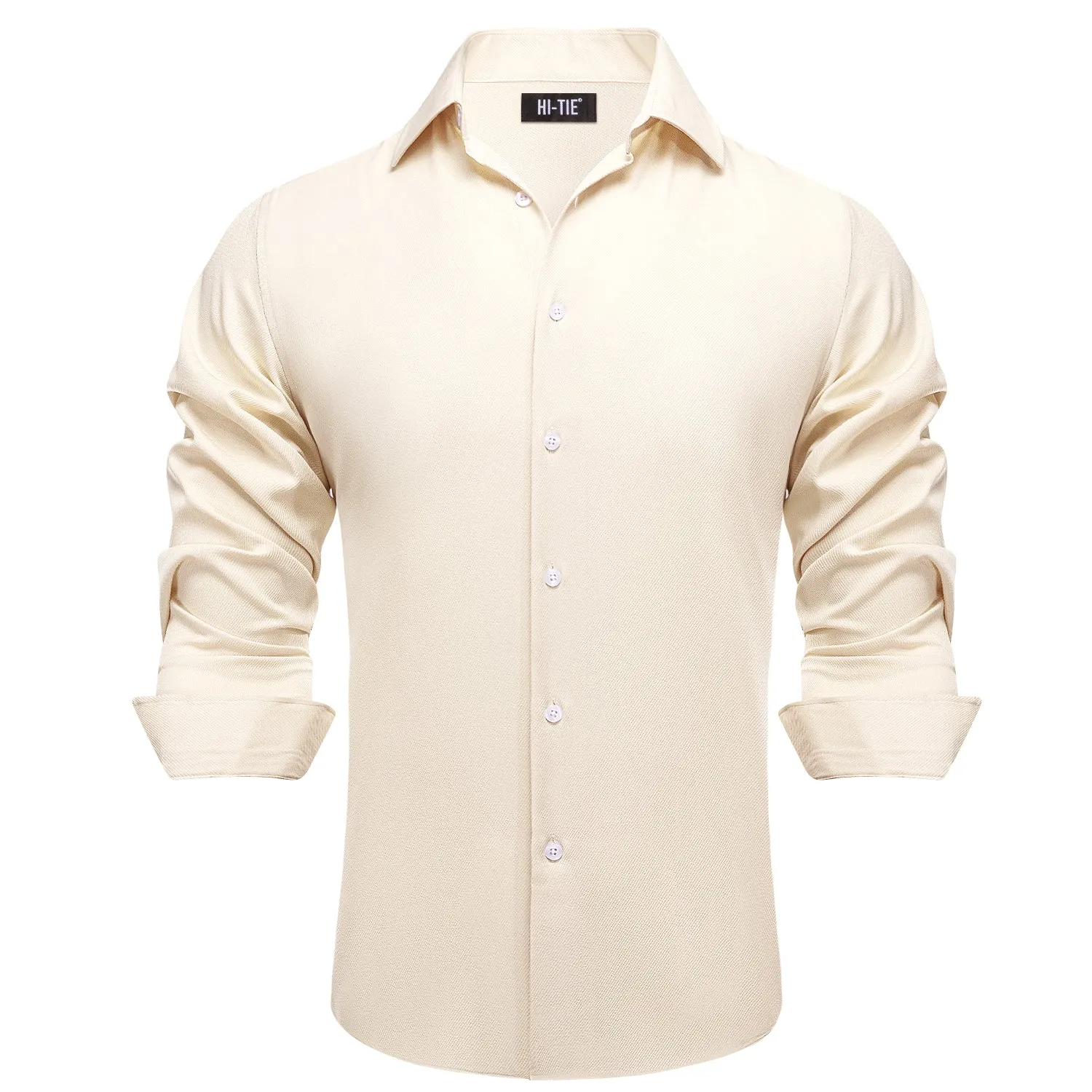 Hi-Tie Light Apricot Beige Business Casual Men Long Sleeve Dress Shirt