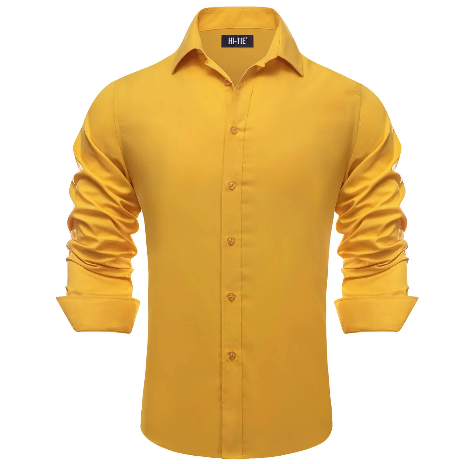 Hi-Tie Mens Dress Shirt GoldEnrod Yellow Solid Silk Button Down Shirt