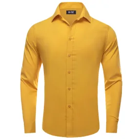 Hi-Tie Mens Dress Shirt GoldEnrod Yellow Solid Silk Button Down Shirt