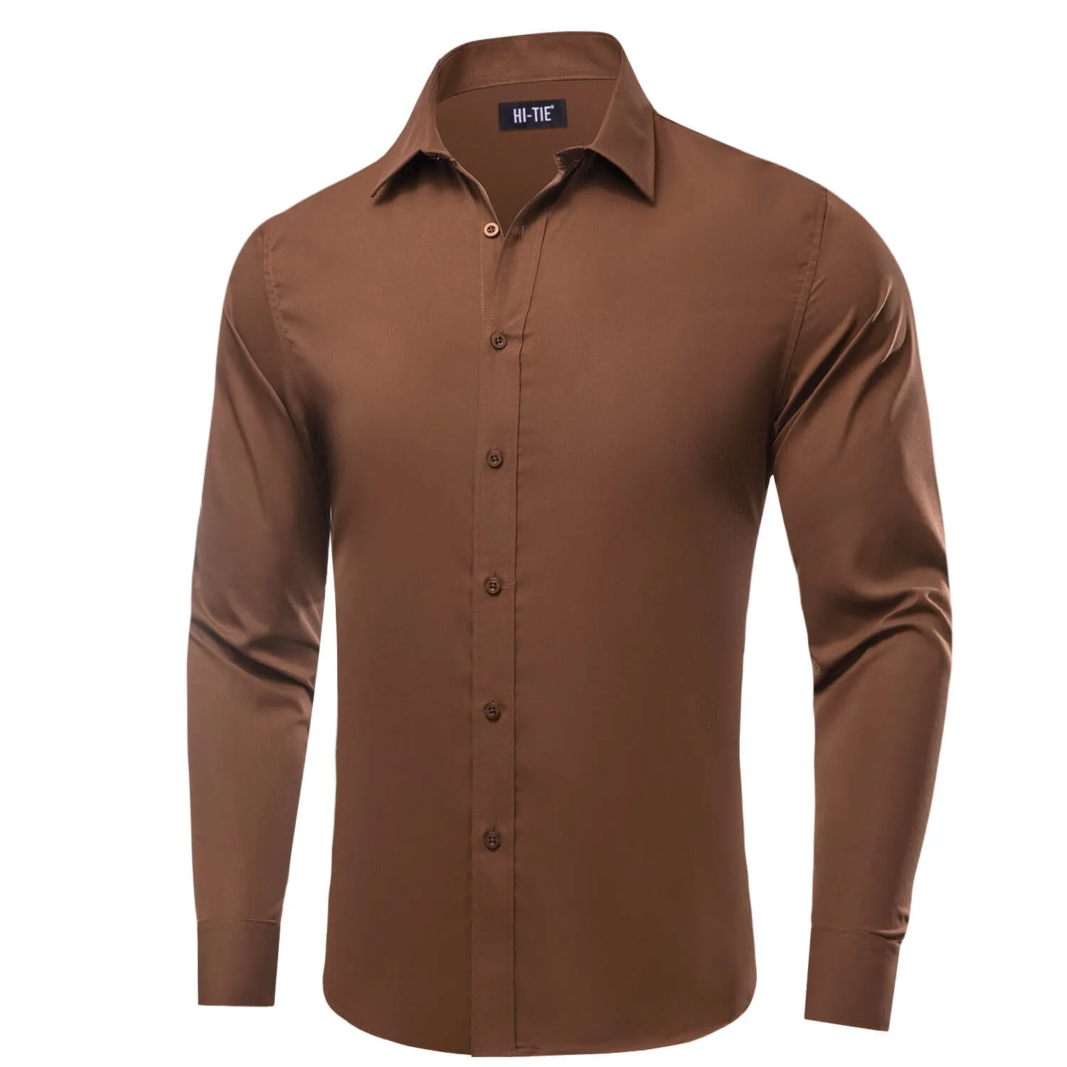 Hi-Tie Mens Dress Shirt Saddle Brown Solid Silk Button Down Shirt