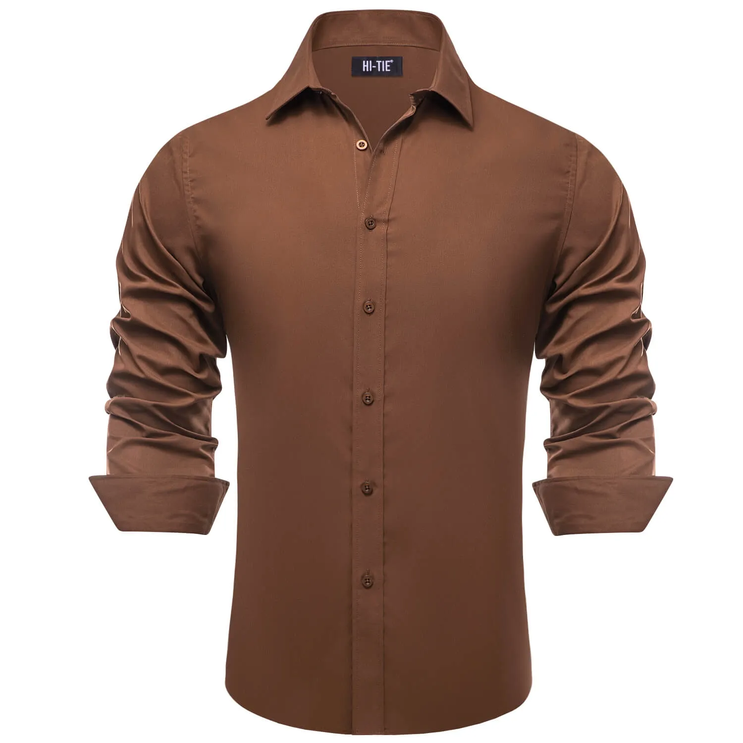 Hi-Tie Mens Dress Shirt Saddle Brown Solid Silk Button Down Shirt