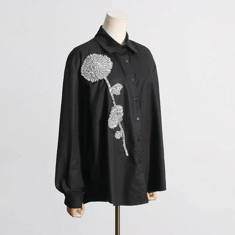 Jewell Rhinestone Flower Stand Collar Long Shirt