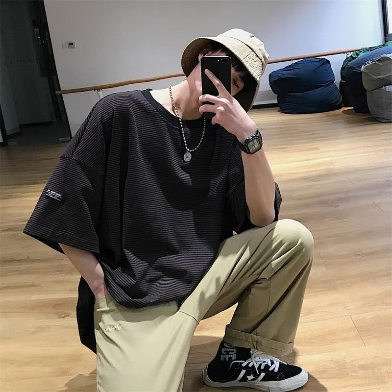 [Korean Style] Bryan Cotton Striped 1/2 T-shirts