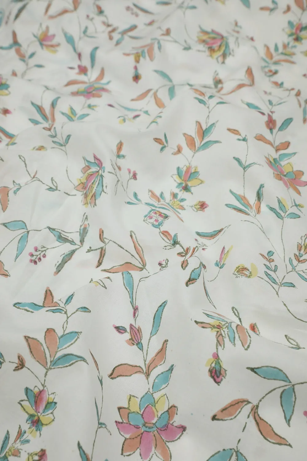 Leafy Floral on Cream Sanganeri Cotton Fabric