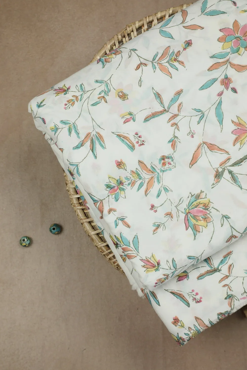 Leafy Floral on Cream Sanganeri Cotton Fabric