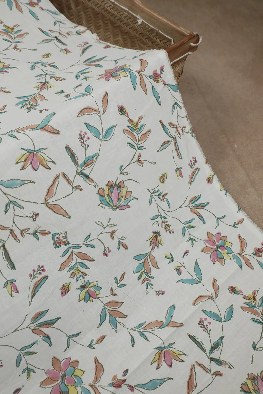 Leafy Floral on Cream Sanganeri Cotton Fabric