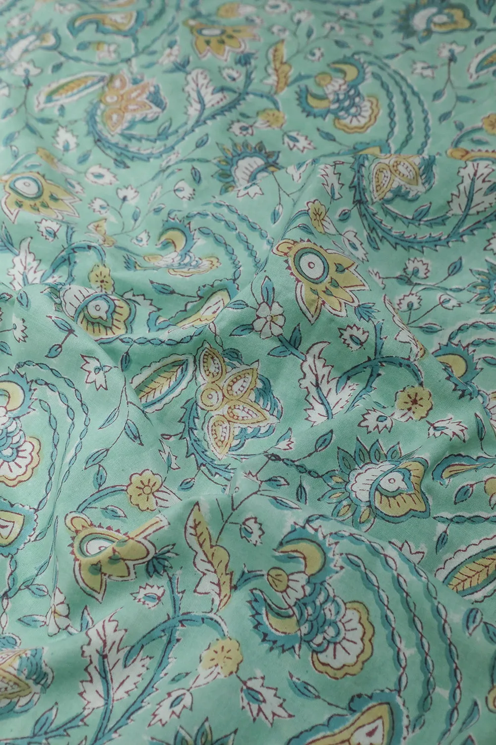 Light Green with Floral Design Sanganeri Cotton Fabric - 0.9m