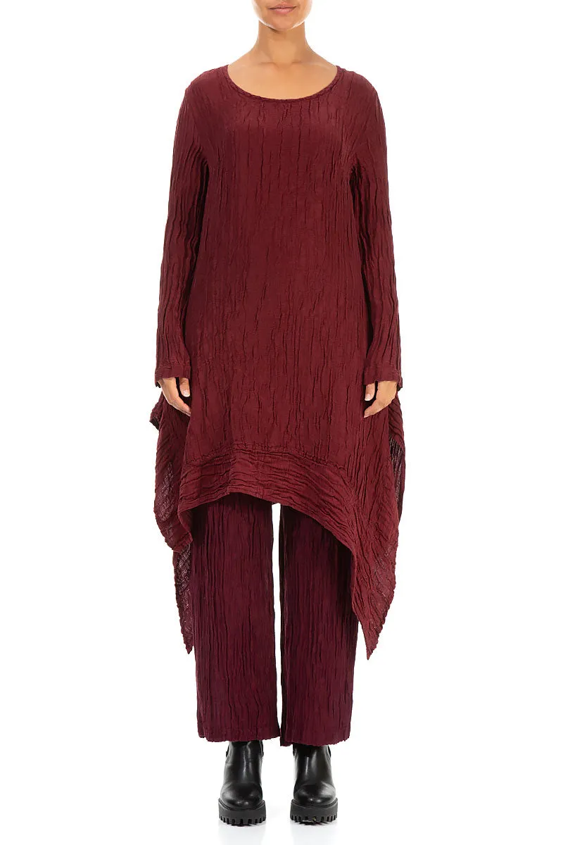 Longer Sides Crinkled Dark Red Silk Tunic Dress