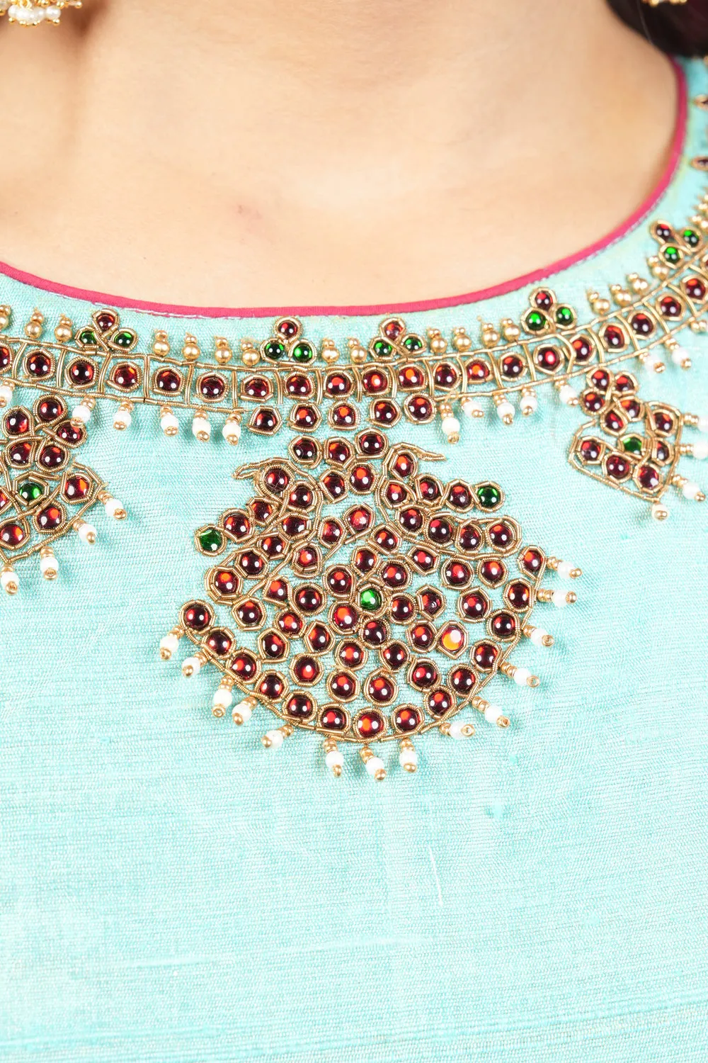 Mint Tissue Raw Silk Necklace Design Blouse