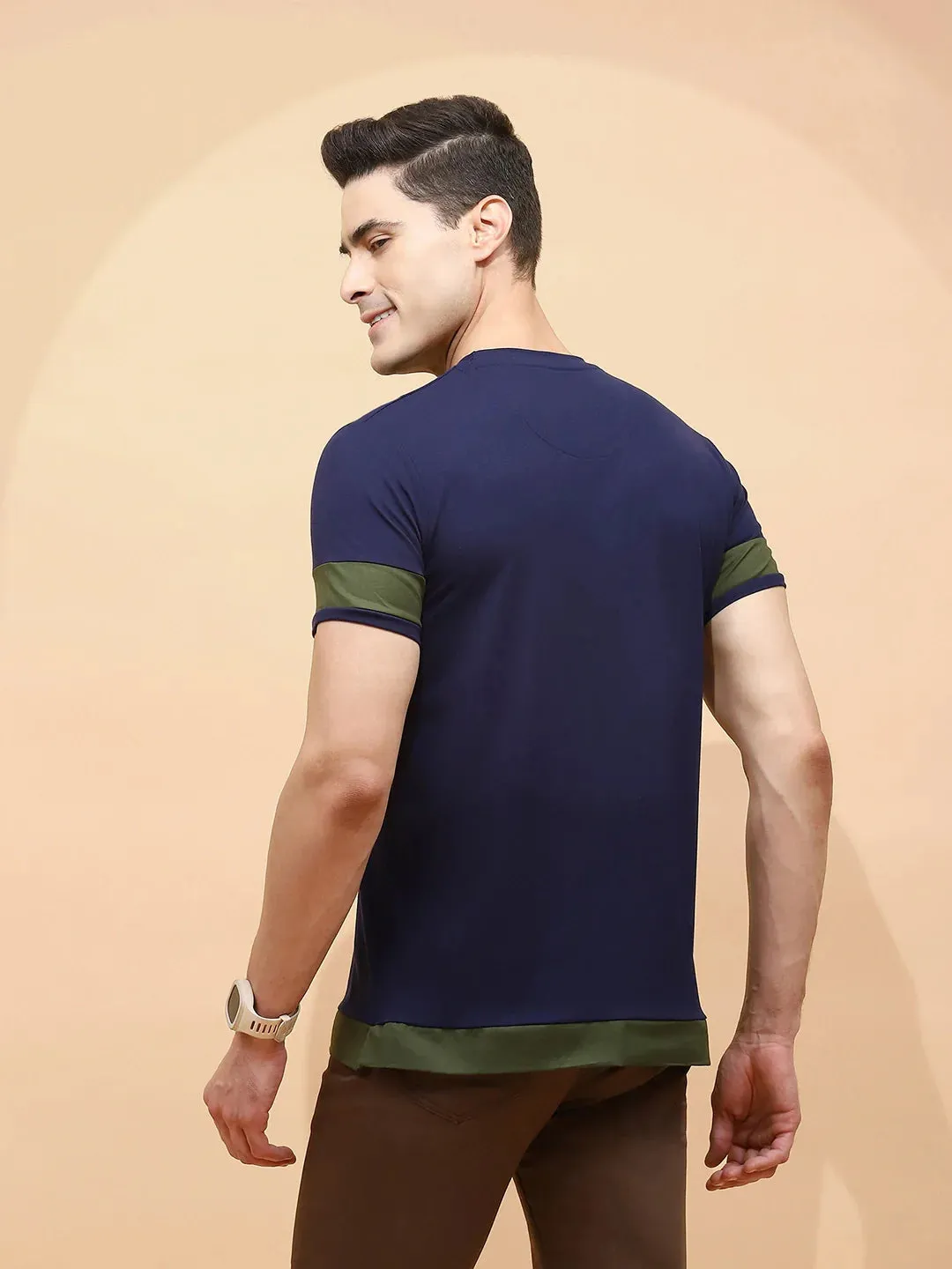 Navy Cotton Blend Regular Fit T-Shirt For Men