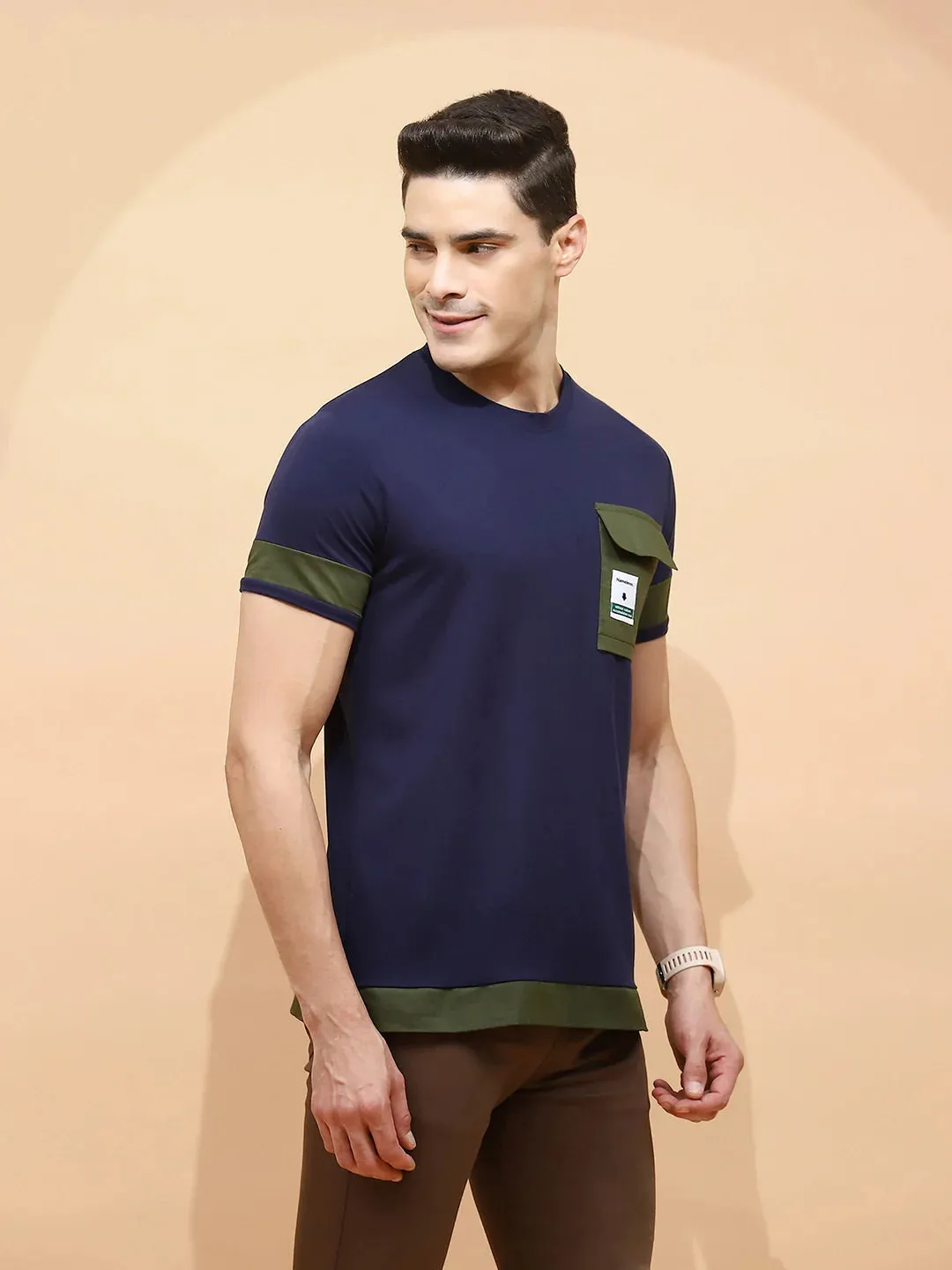 Navy Cotton Blend Regular Fit T-Shirt For Men