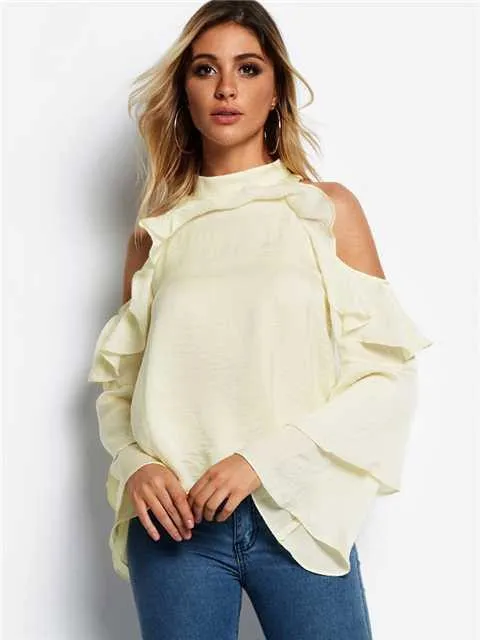 OEM ODM Cold Shoulder Plain Long Sleeve White Blouses