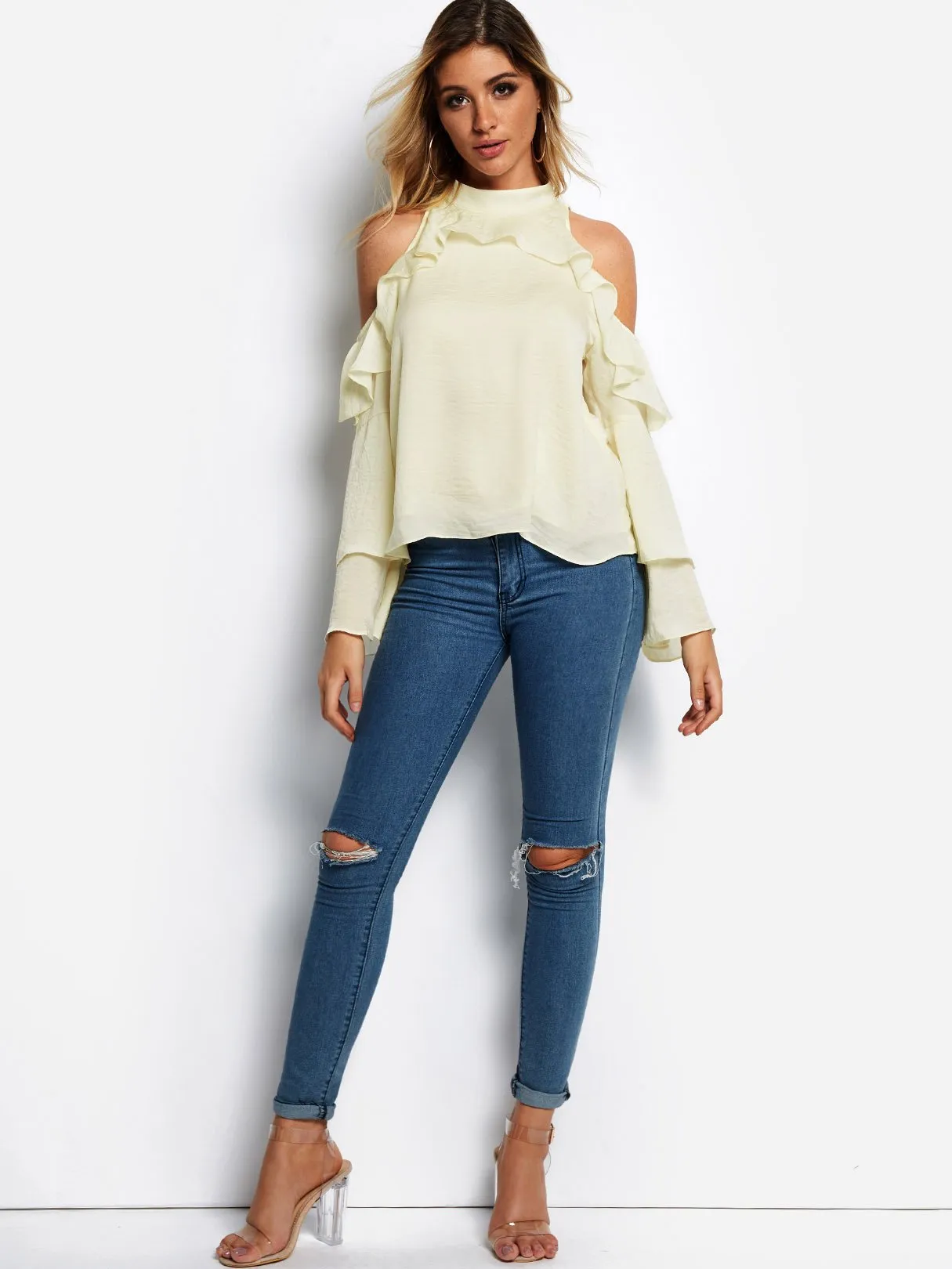 OEM ODM Cold Shoulder Plain Long Sleeve White Blouses