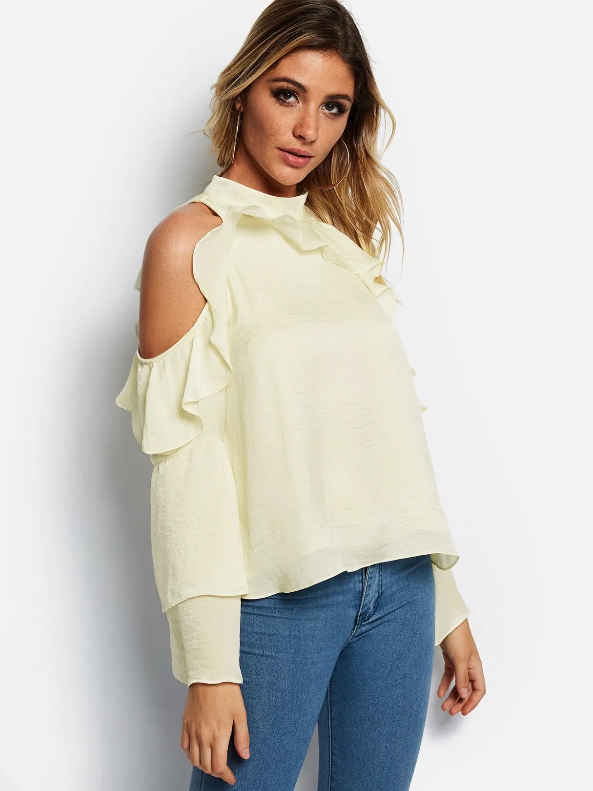 OEM ODM Cold Shoulder Plain Long Sleeve White Blouses