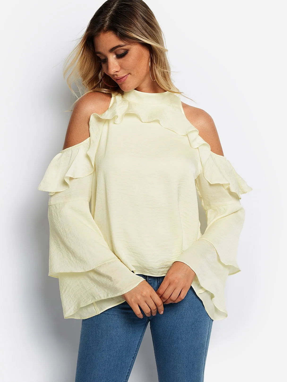 OEM ODM Cold Shoulder Plain Long Sleeve White Blouses