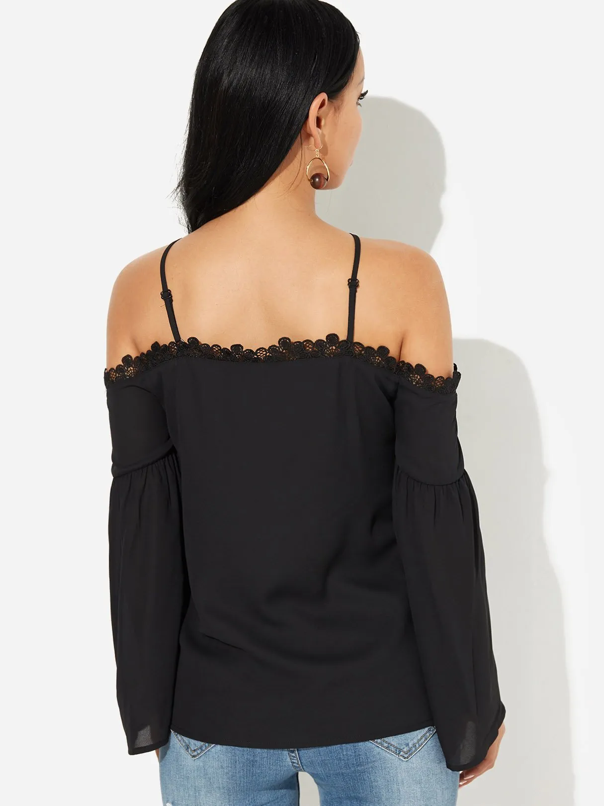 OEM ODM Halter Plain Lace Long Sleeve Black Blouses