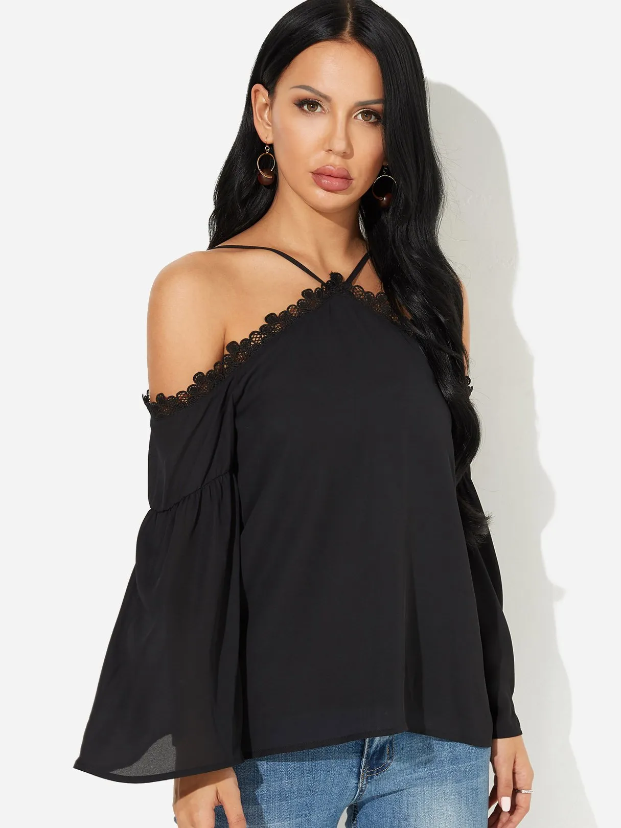 OEM ODM Halter Plain Lace Long Sleeve Black Blouses