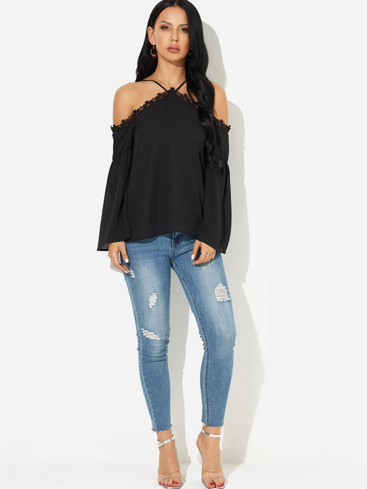 OEM ODM Halter Plain Lace Long Sleeve Black Blouses