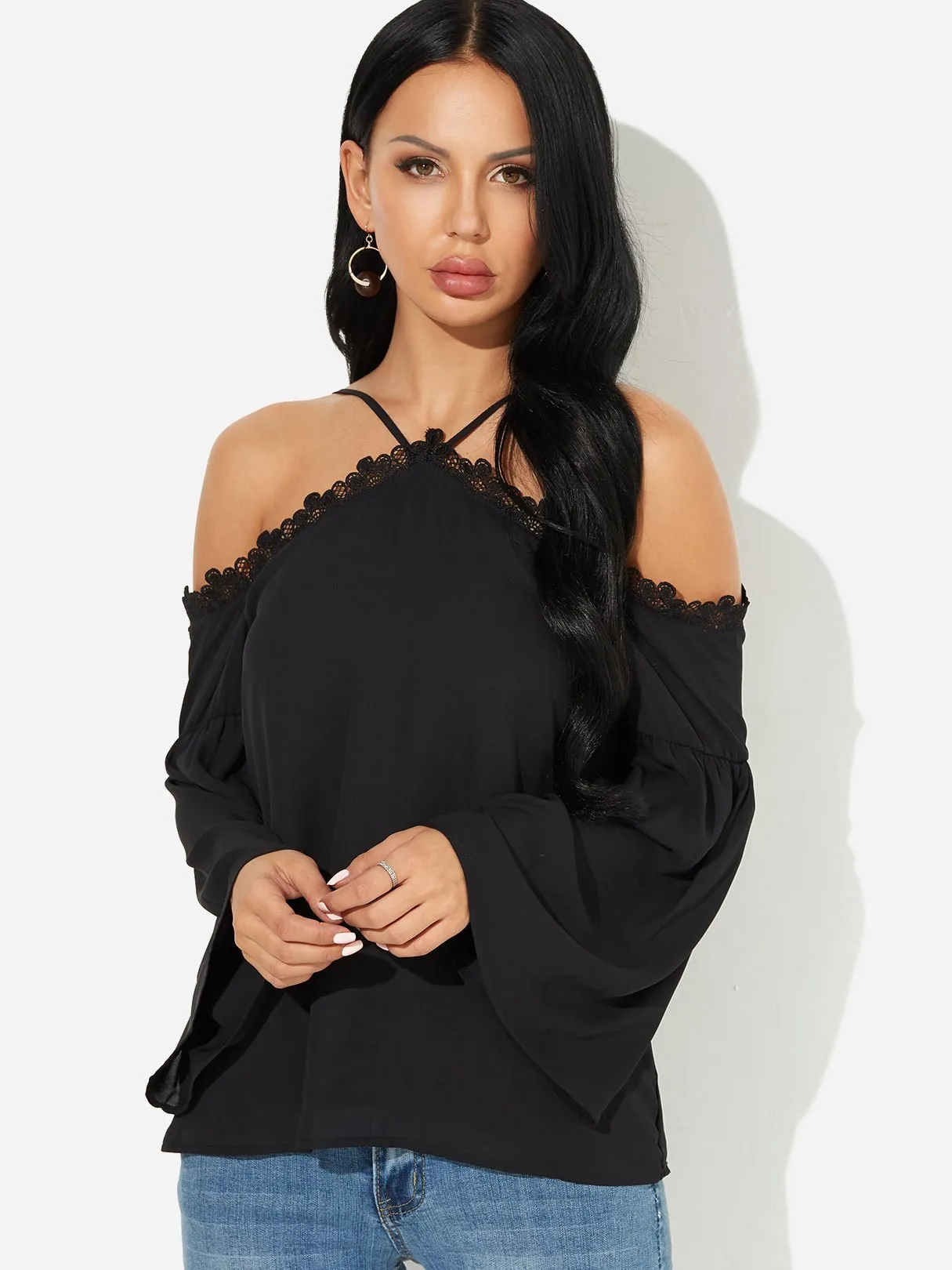 OEM ODM Halter Plain Lace Long Sleeve Black Blouses