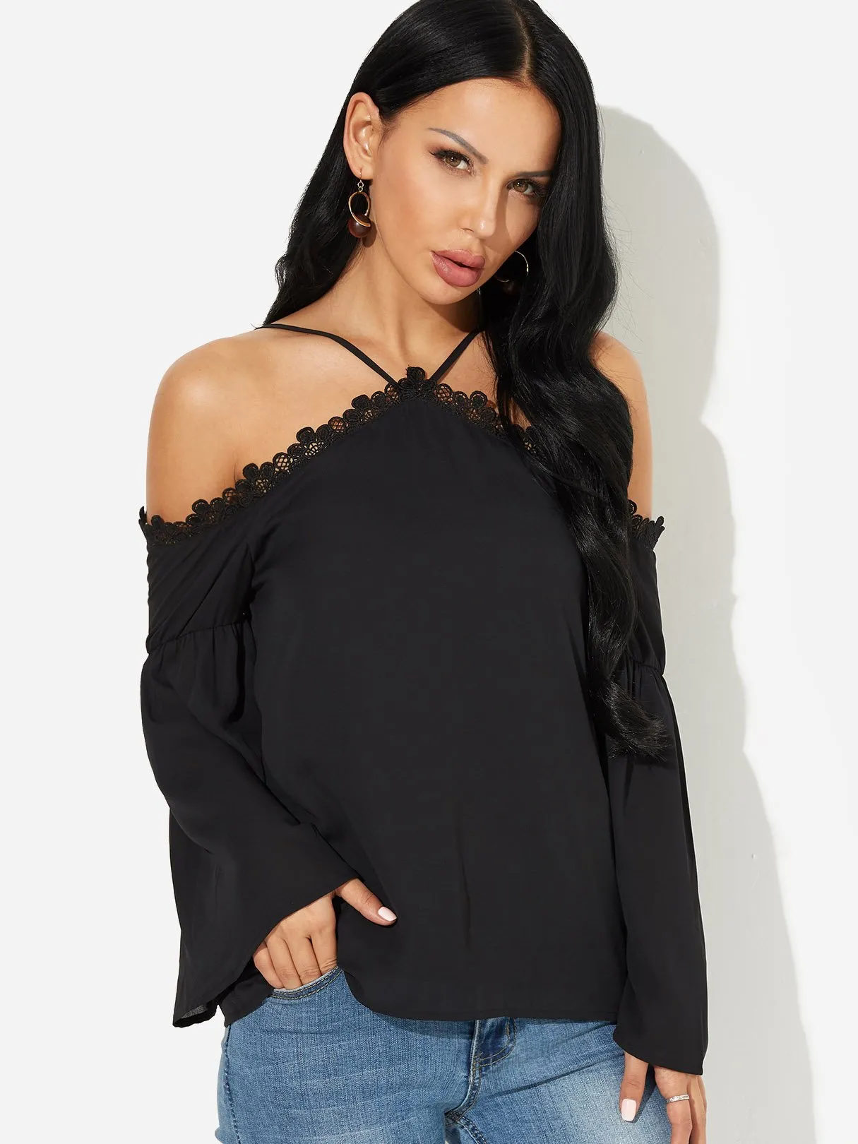 OEM ODM Halter Plain Lace Long Sleeve Black Blouses