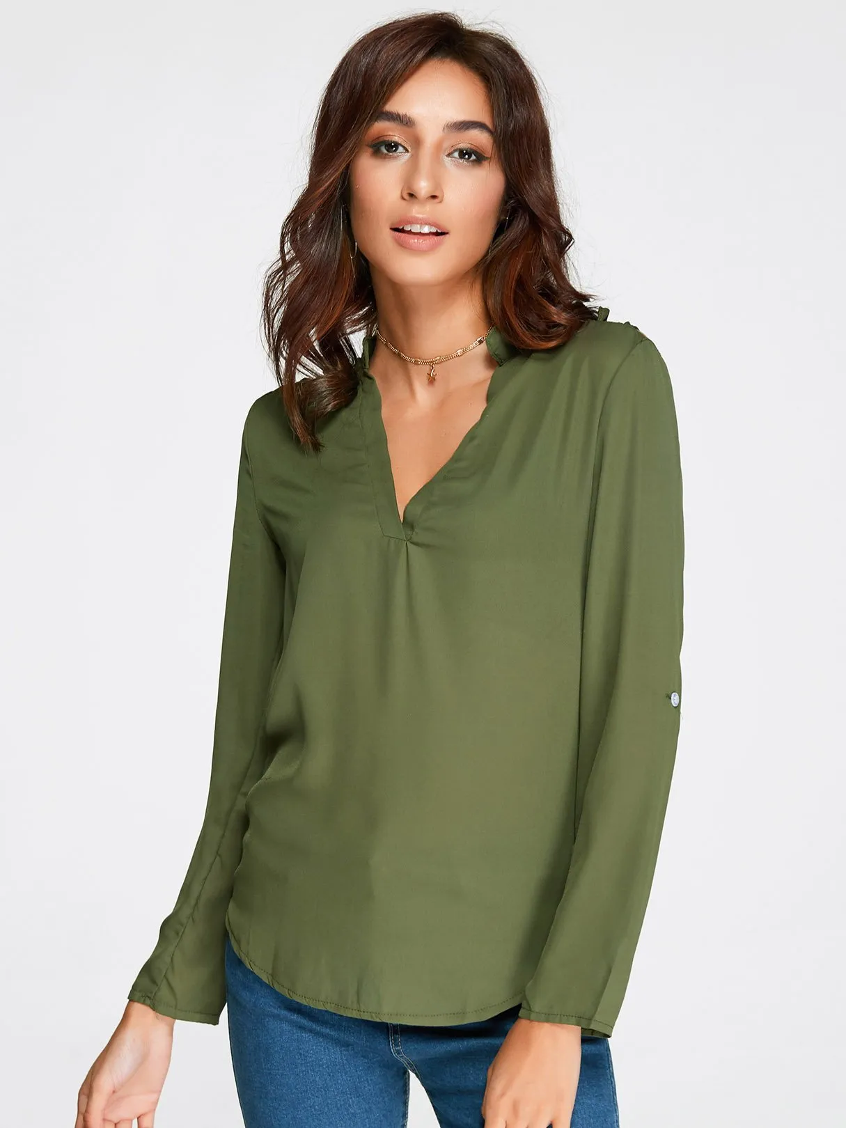 OEM ODM V-Neck Cut Out Long Sleeve Green Top