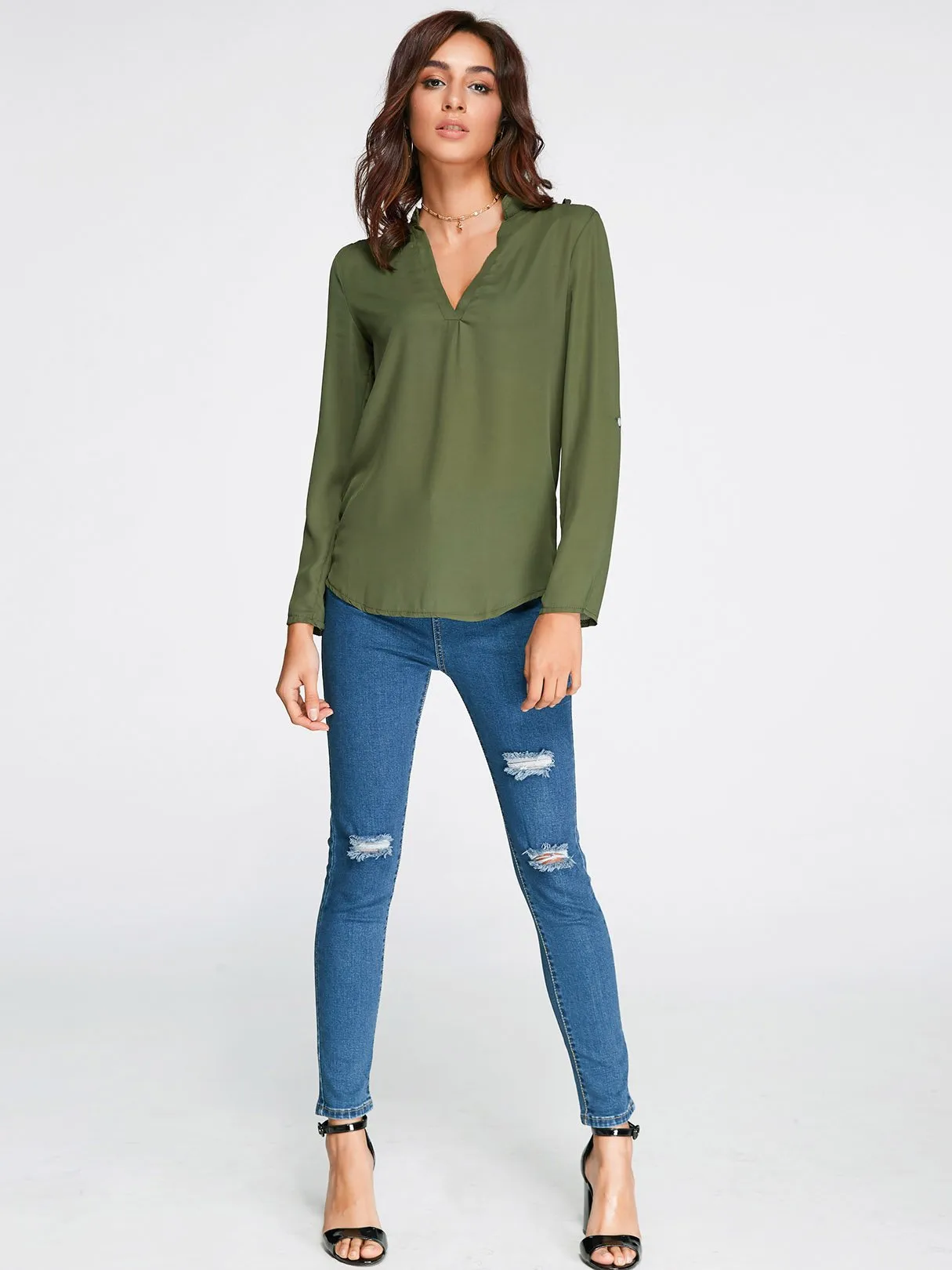 OEM ODM V-Neck Cut Out Long Sleeve Green Top