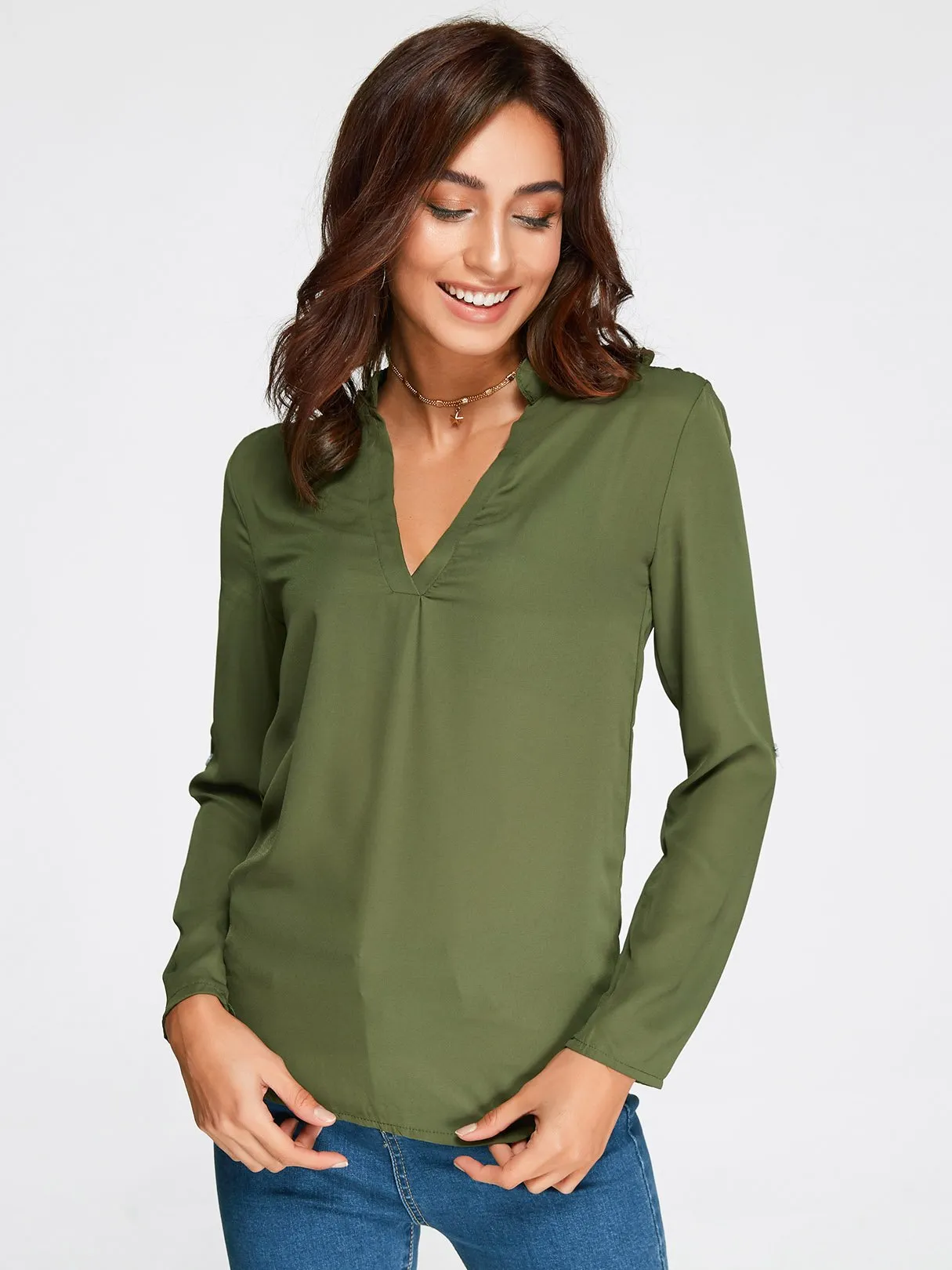 OEM ODM V-Neck Cut Out Long Sleeve Green Top