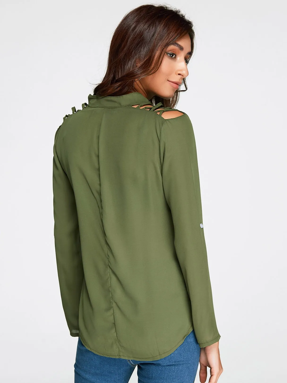 OEM ODM V-Neck Cut Out Long Sleeve Green Top