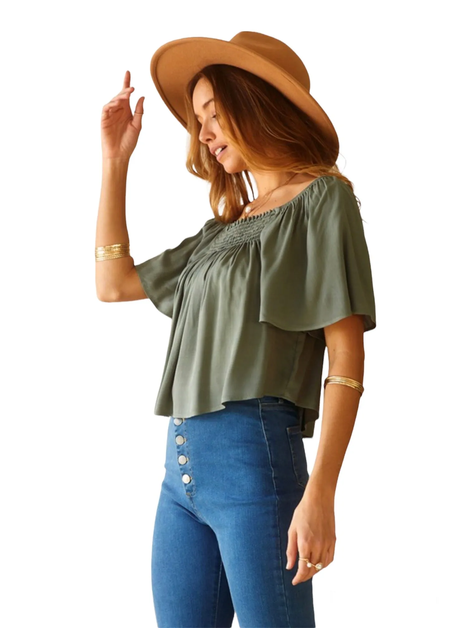 Olivia's Short Frilly Ruffle Sleeve Top- Olive