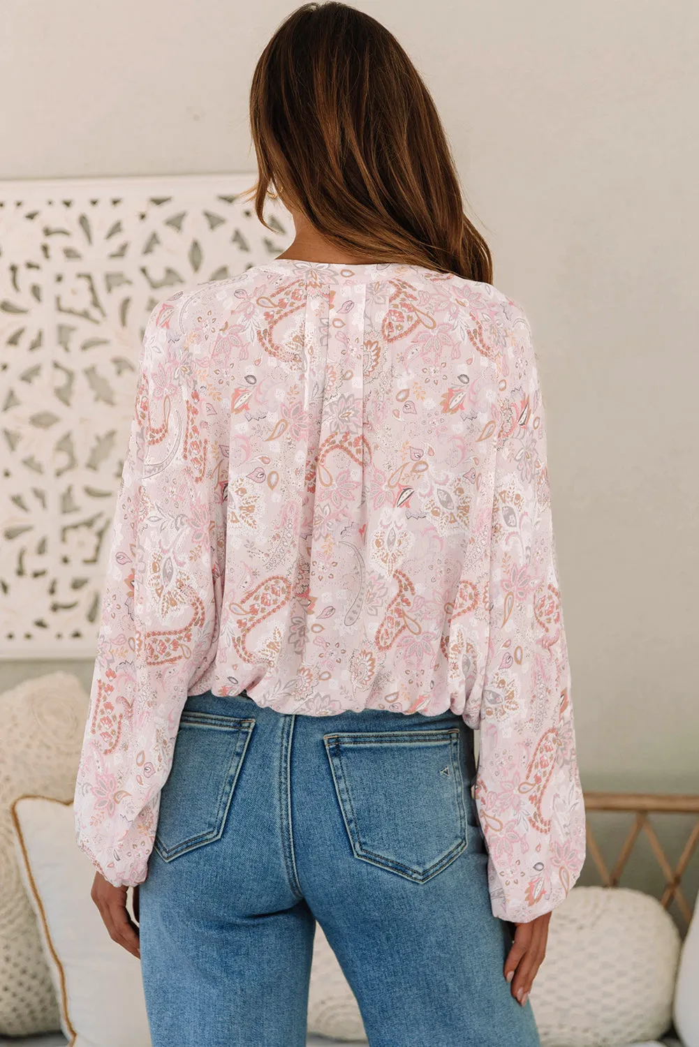 Paisley Buttons Bubble Sleeve Blouse