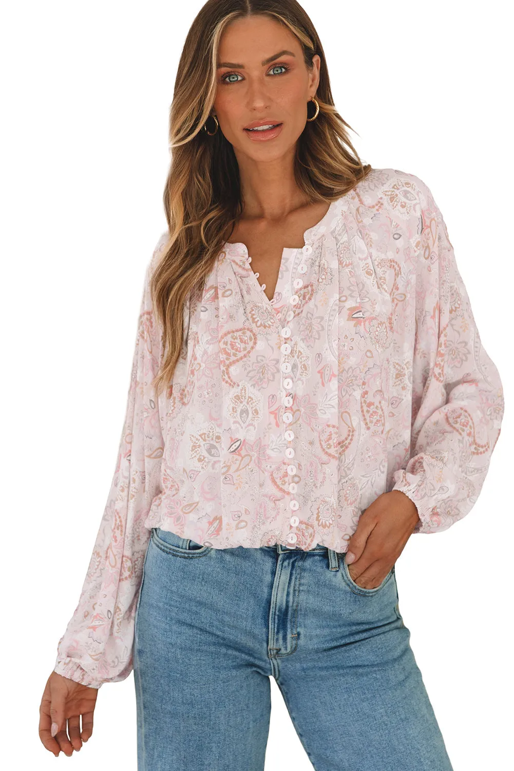 Paisley Buttons Bubble Sleeve Blouse