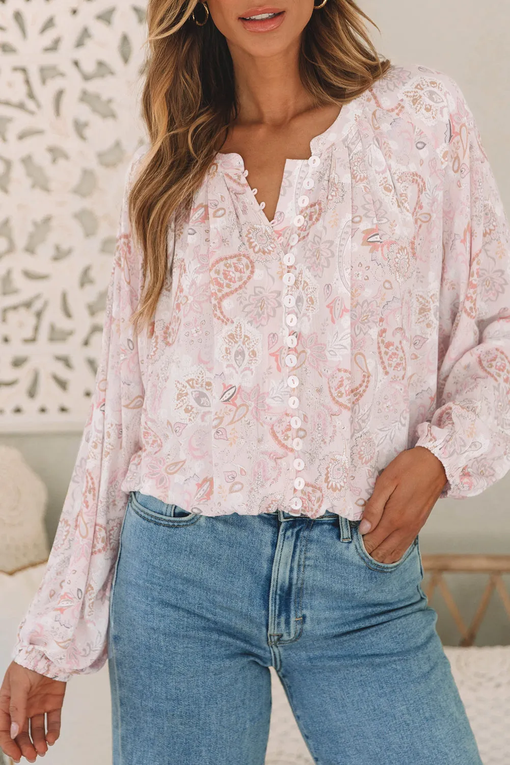 Paisley Buttons Bubble Sleeve Blouse