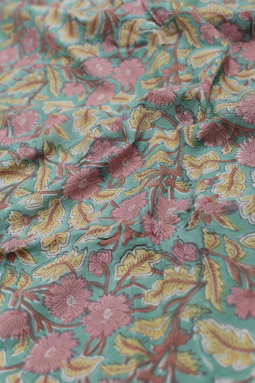 Peach Florals on Green Sanganeri Cotton Fabric-1.35 m