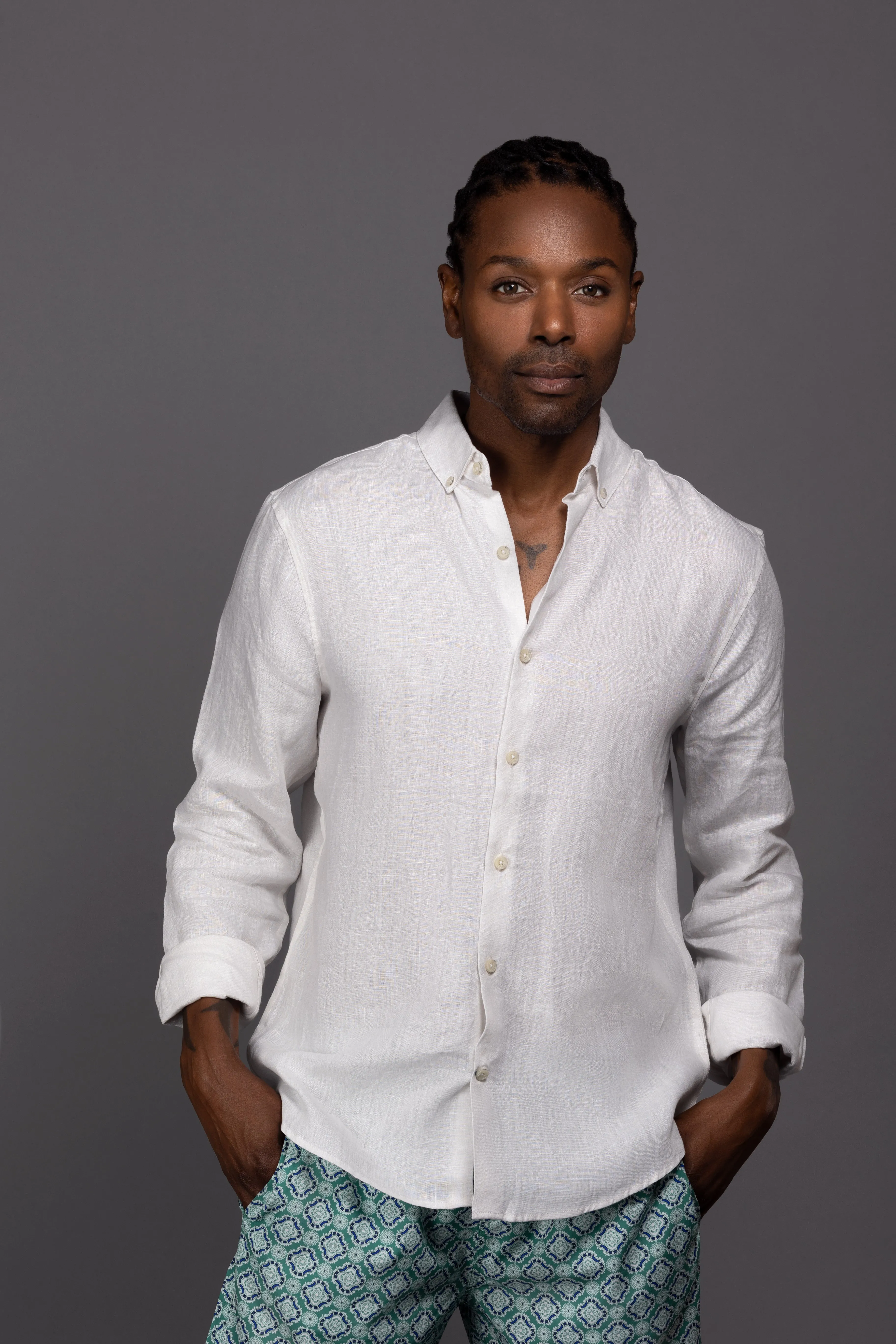 Pearl White Long Sleeve Linen Sport Shirt