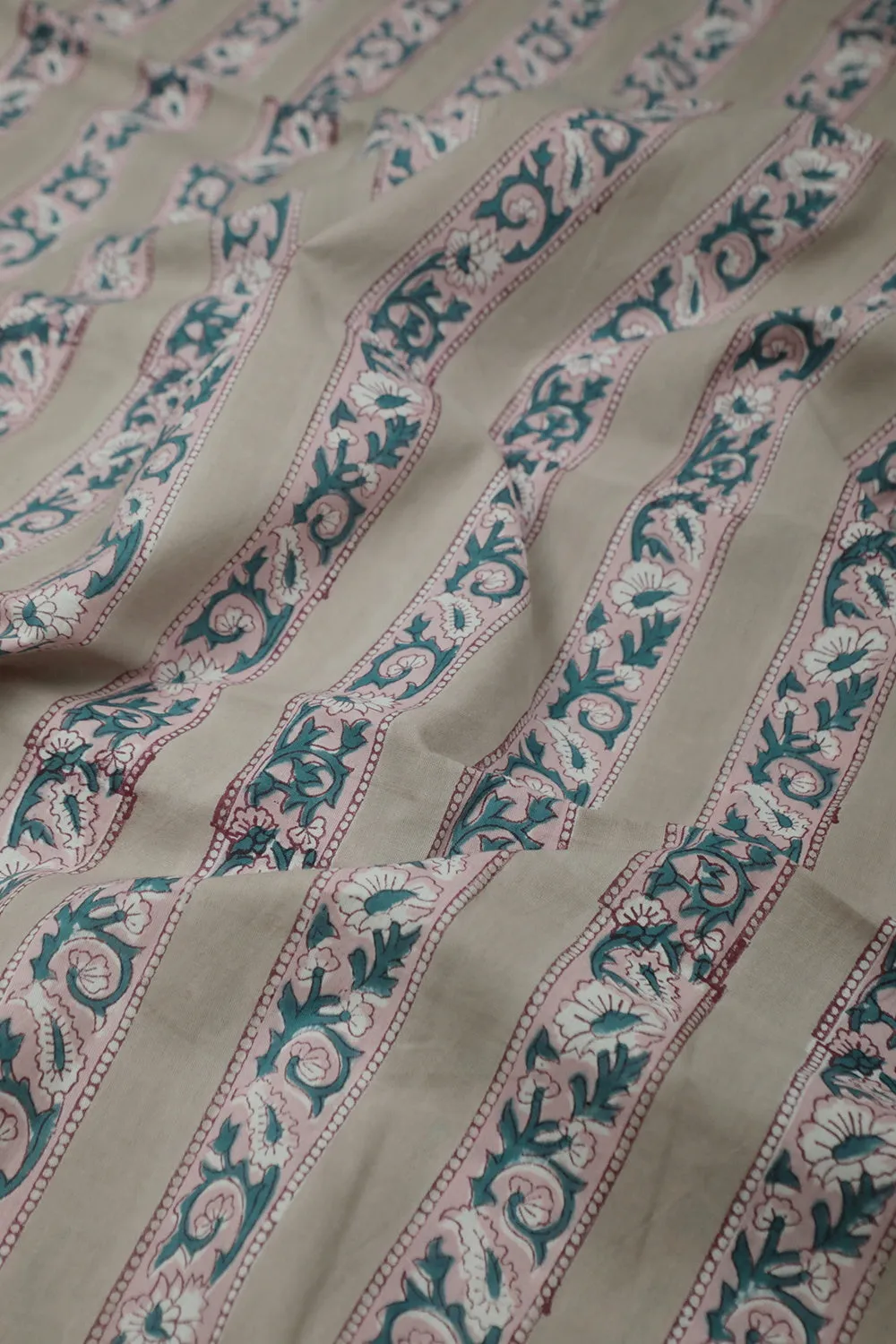 Pink Florals on Beige Sanganeri Cotton Fabric - 1m