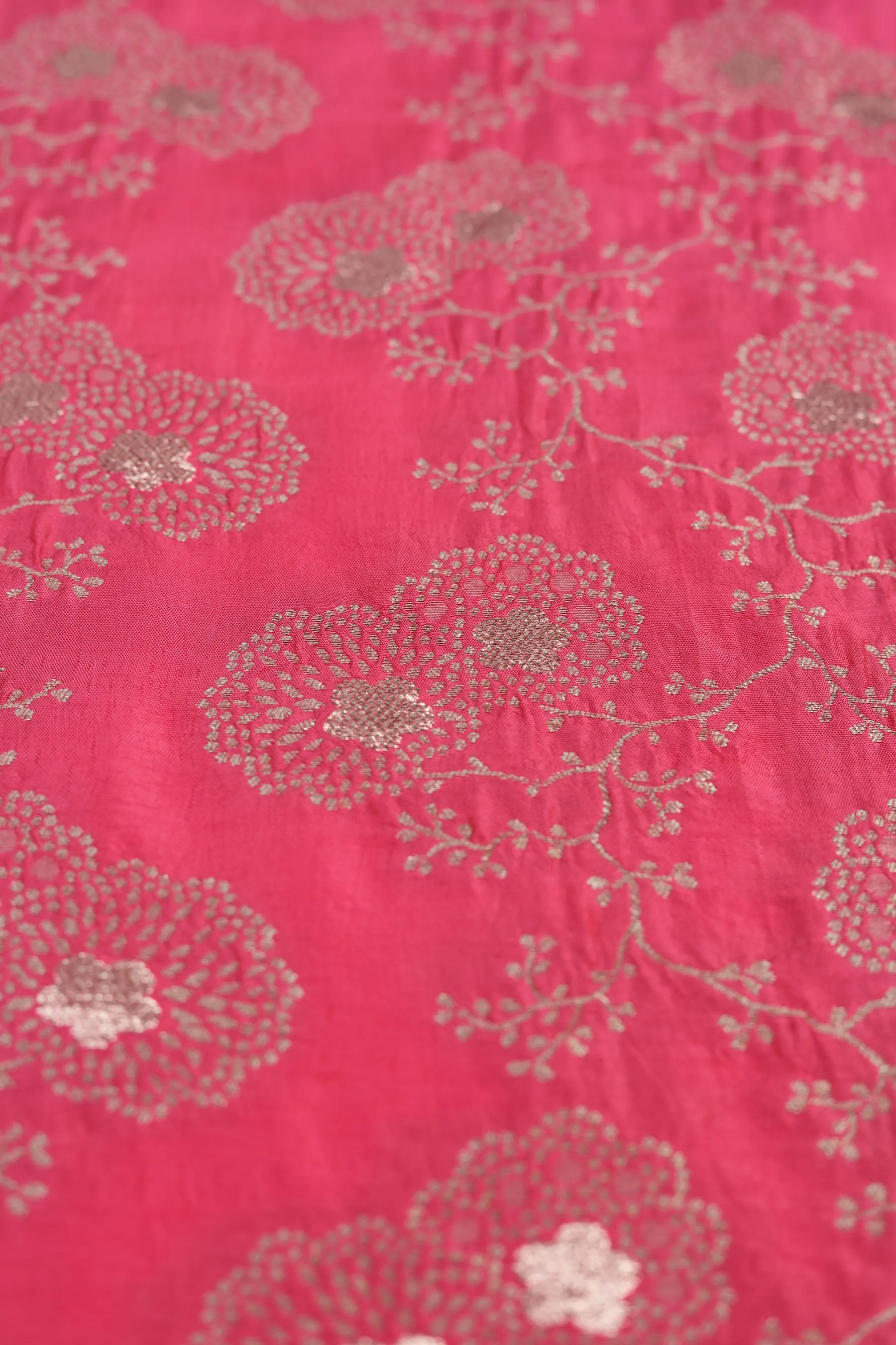 Pink Red Pure Two Tone Banarasi Gold Silver Zari Jaal Floral Patterned Silk Jacquard