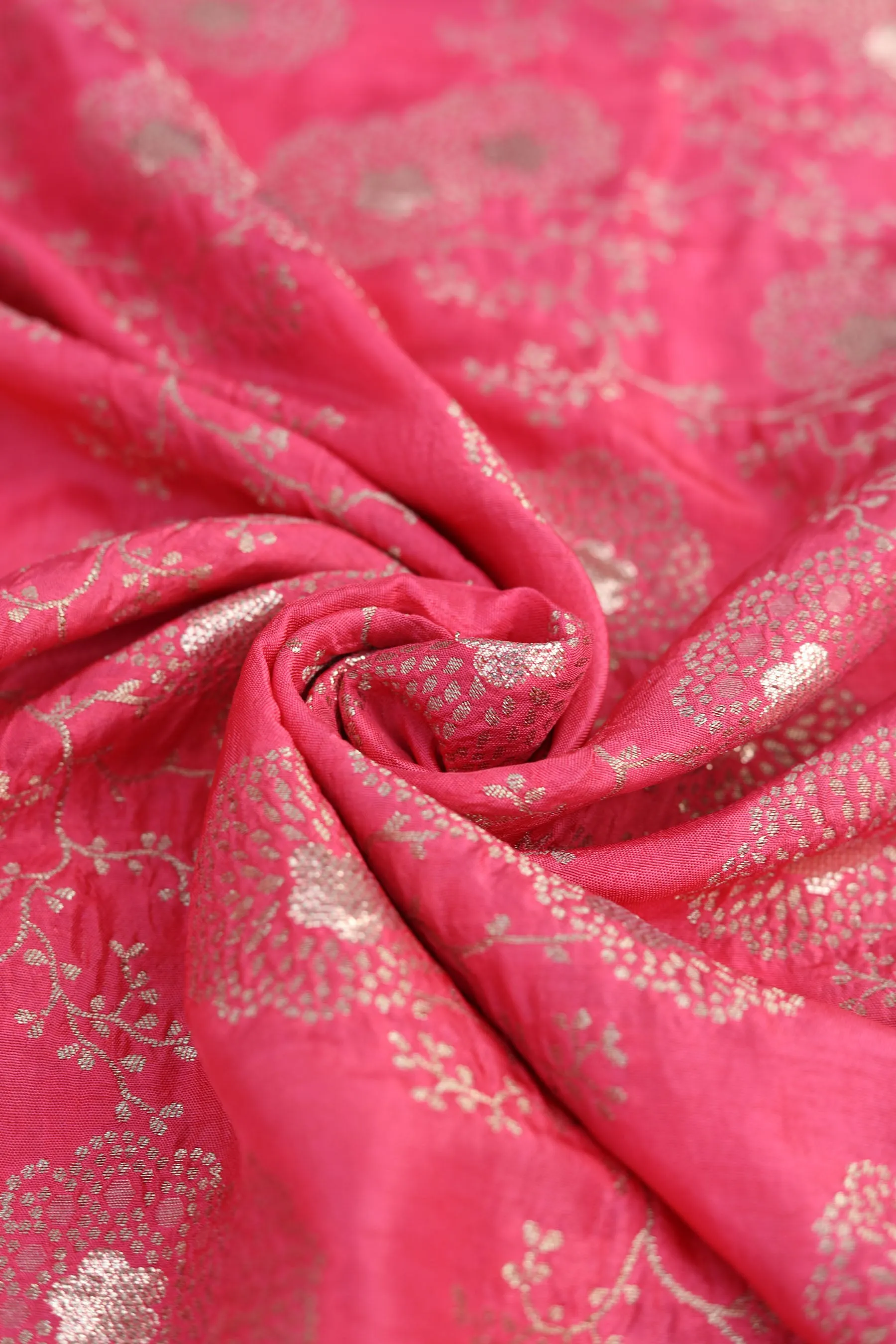 Pink Red Pure Two Tone Banarasi Gold Silver Zari Jaal Floral Patterned Silk Jacquard