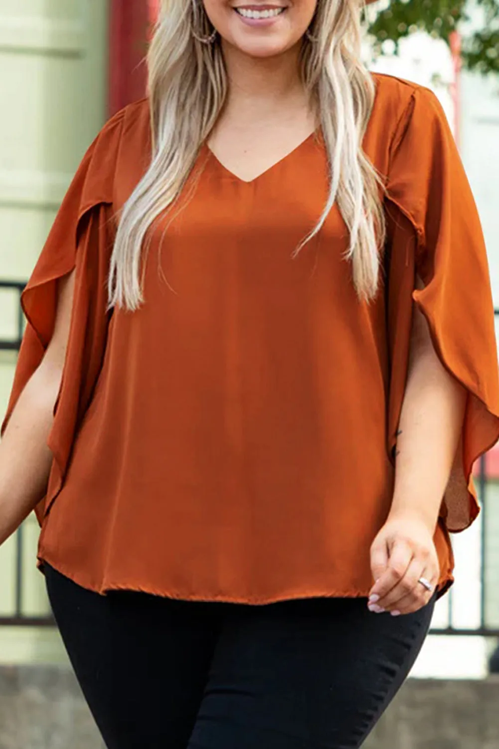 Plus Size Solid Ruffled Sleeve Blouse