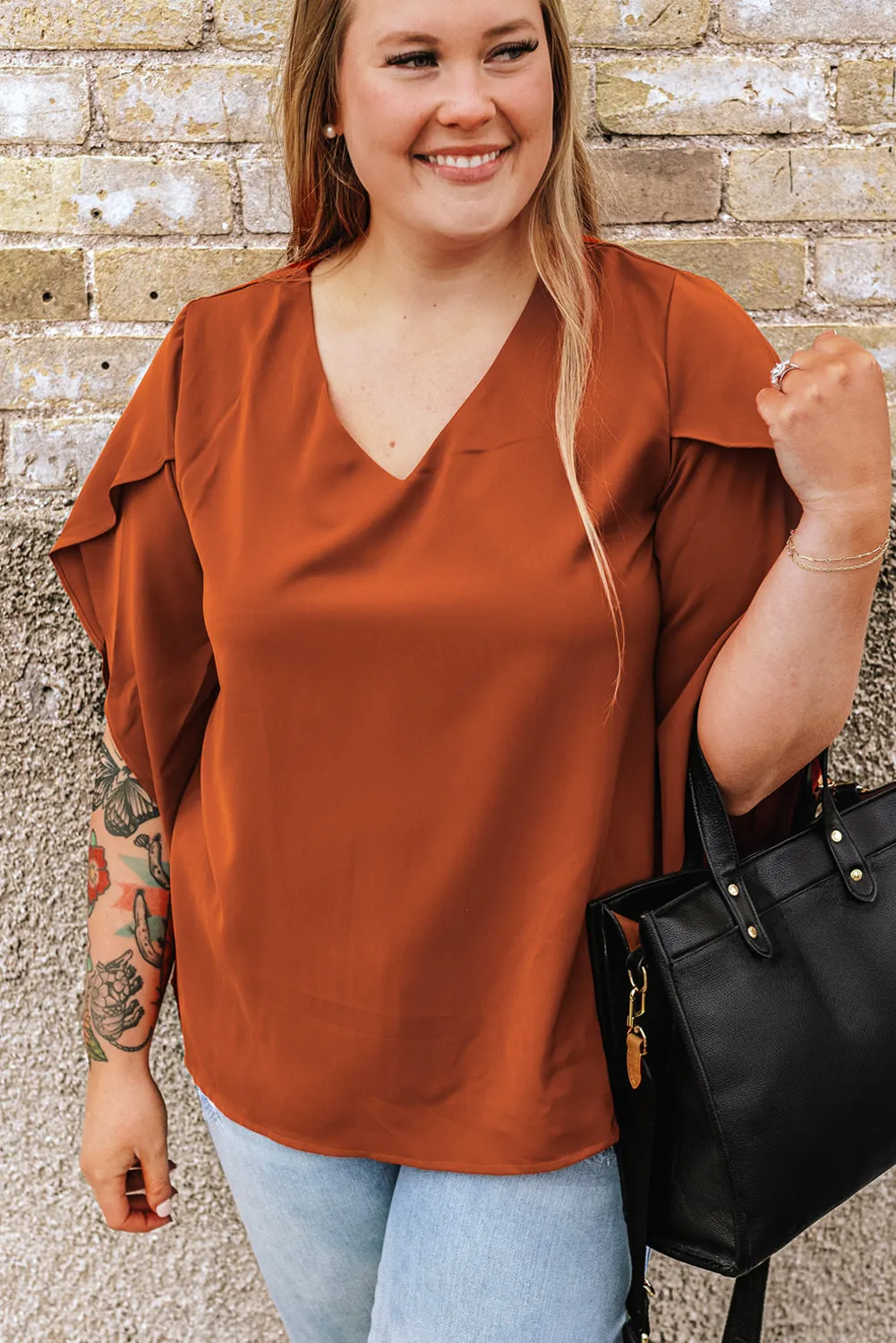 Plus Size Solid Ruffled Sleeve Blouse