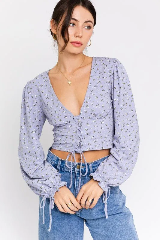 PUFF SLEEVE LACE UP V-NECK TOP