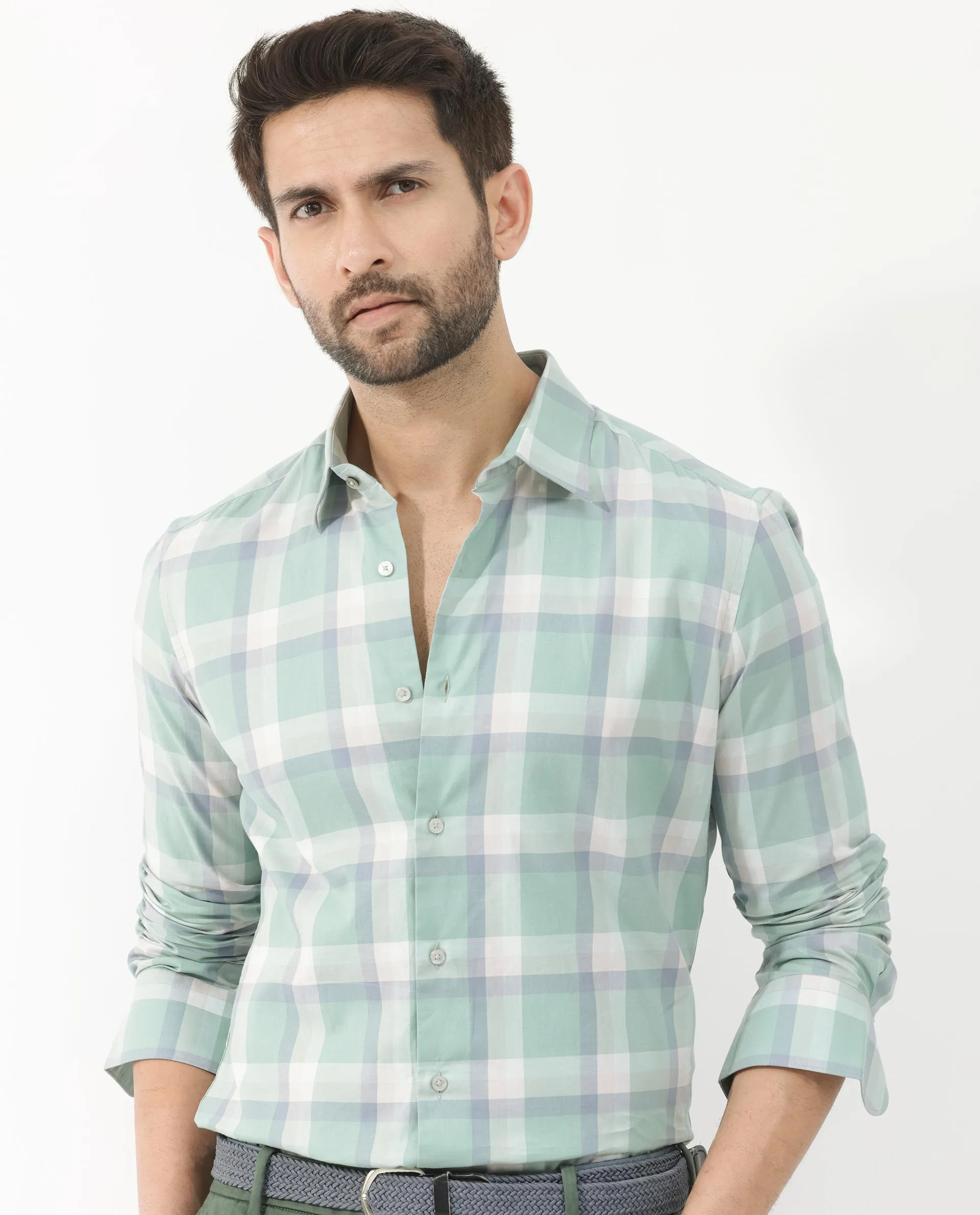 Rare Rabbit Men's Nexi Dusky Green Cotton Full Sleeve Checks Shirt