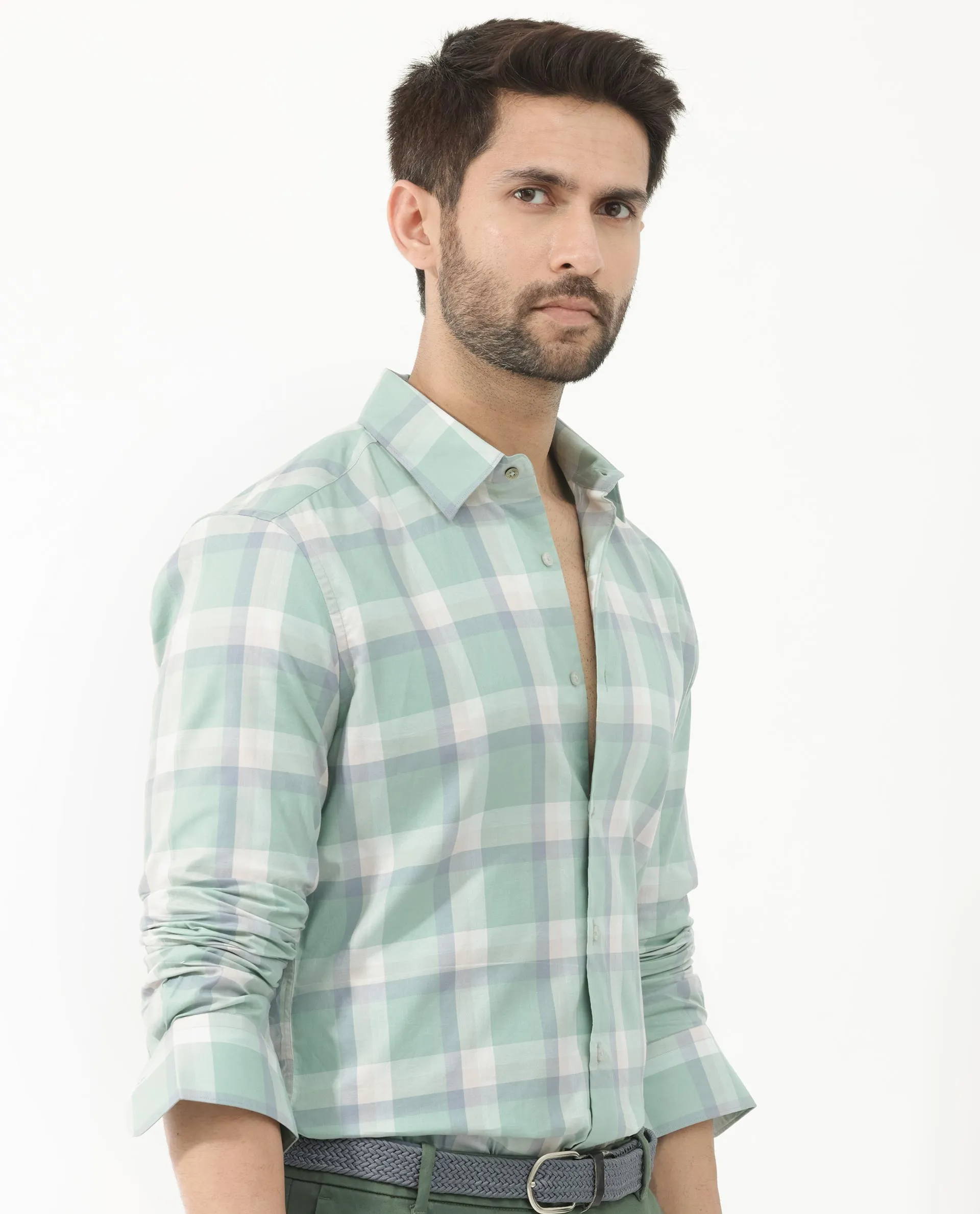 Rare Rabbit Men's Nexi Dusky Green Cotton Full Sleeve Checks Shirt