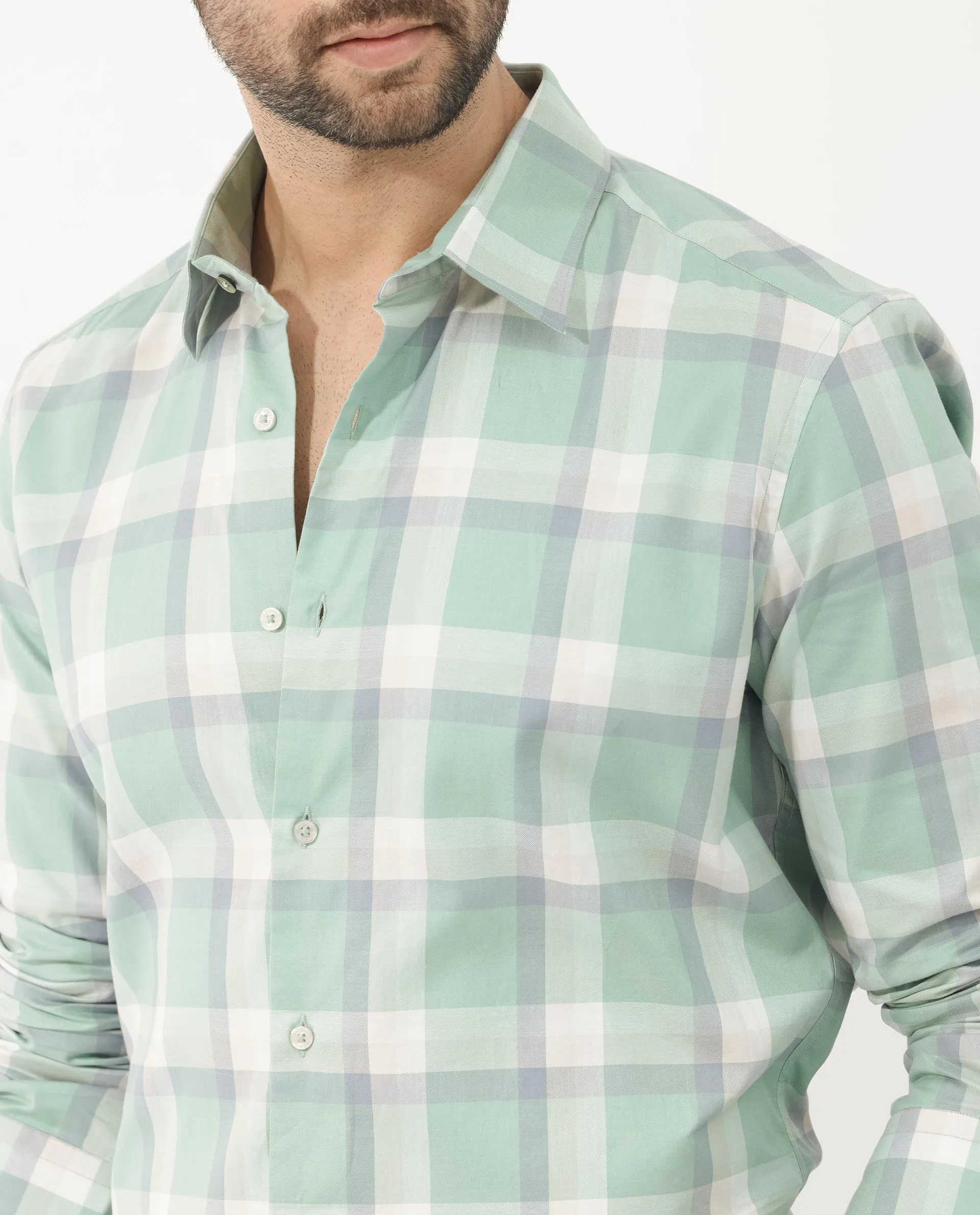 Rare Rabbit Men's Nexi Dusky Green Cotton Full Sleeve Checks Shirt