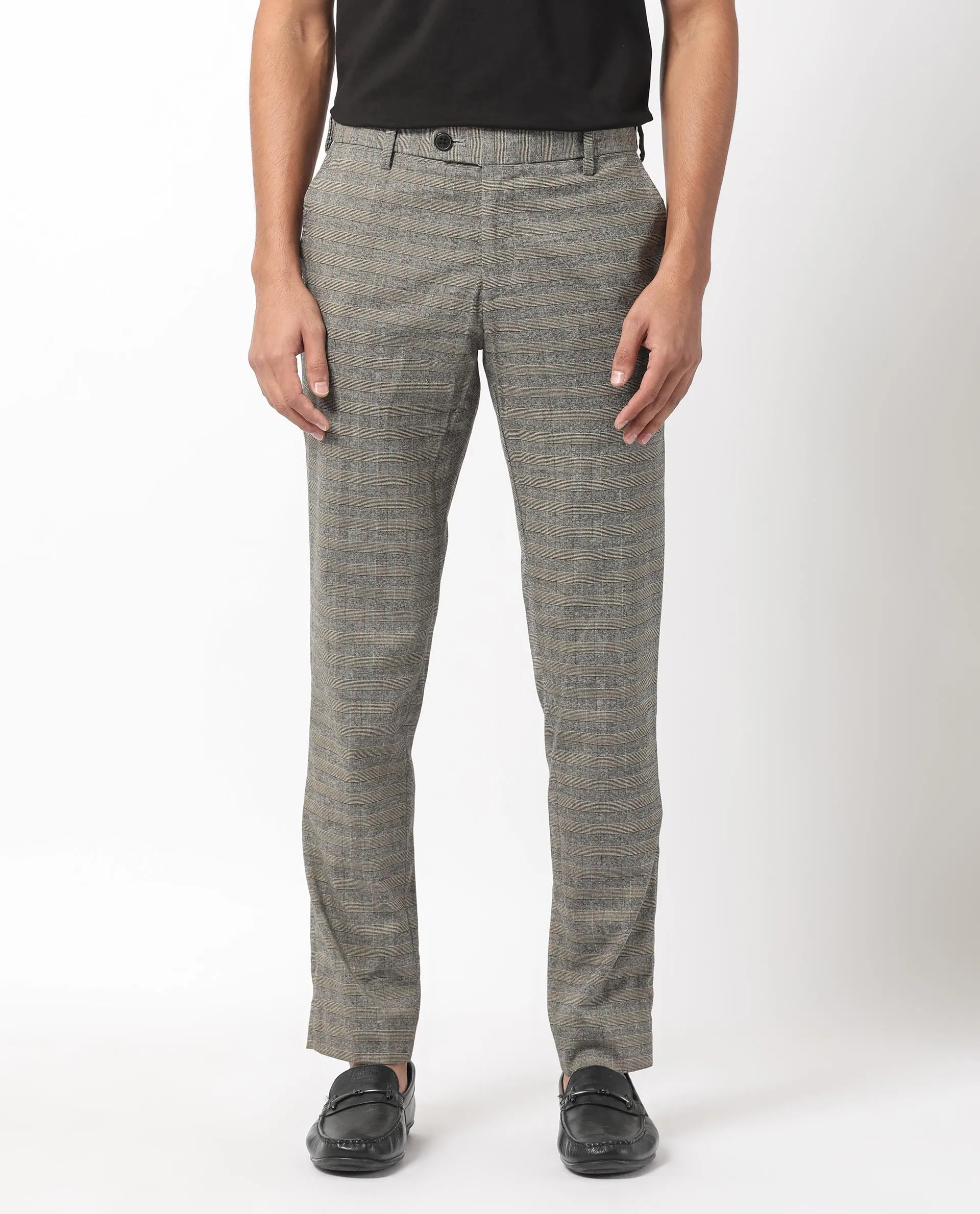 Rare Rabbit Men's Vertex Grey Mid-Rise Regular Fit Checks Trouser