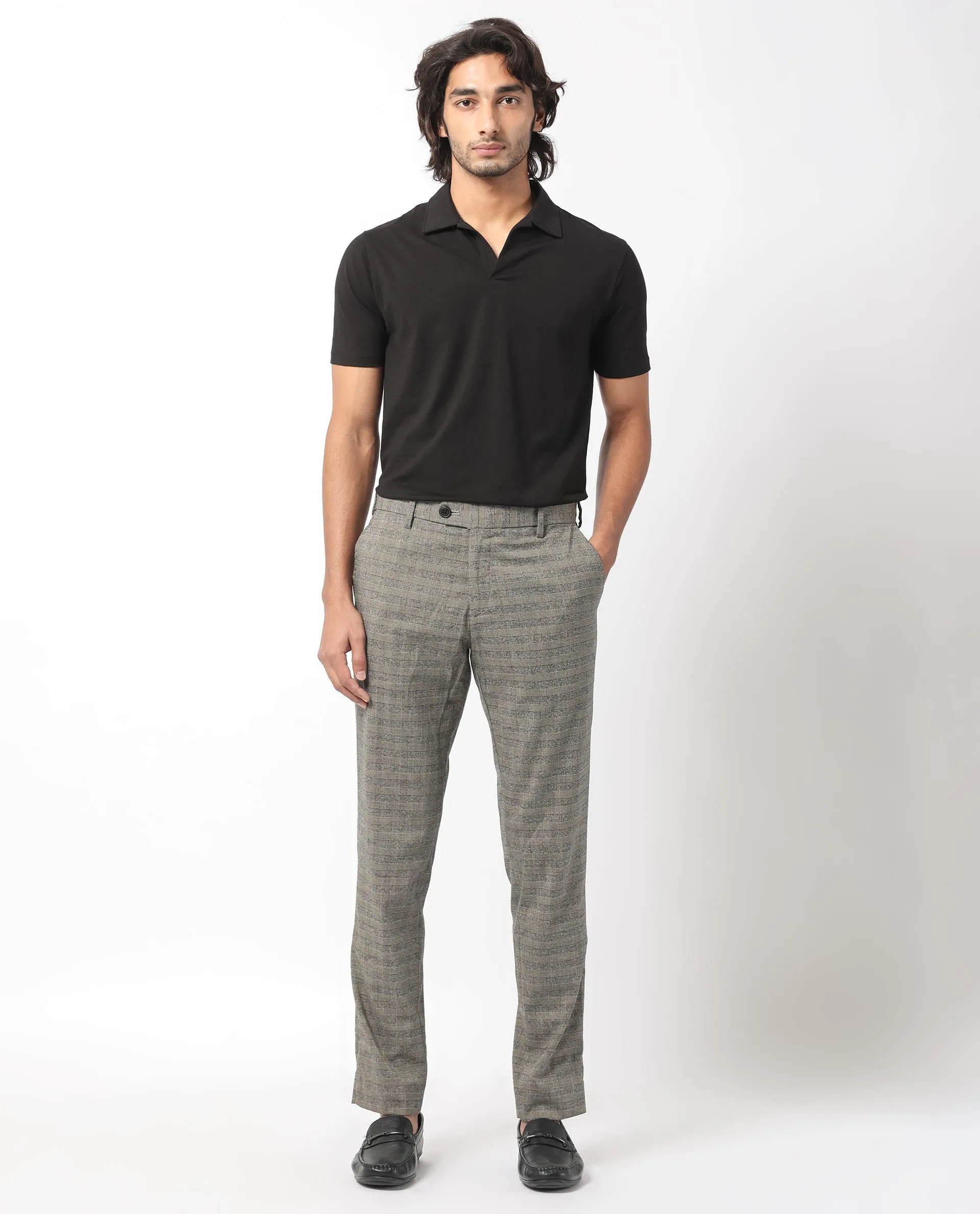 Rare Rabbit Men's Vertex Grey Mid-Rise Regular Fit Checks Trouser