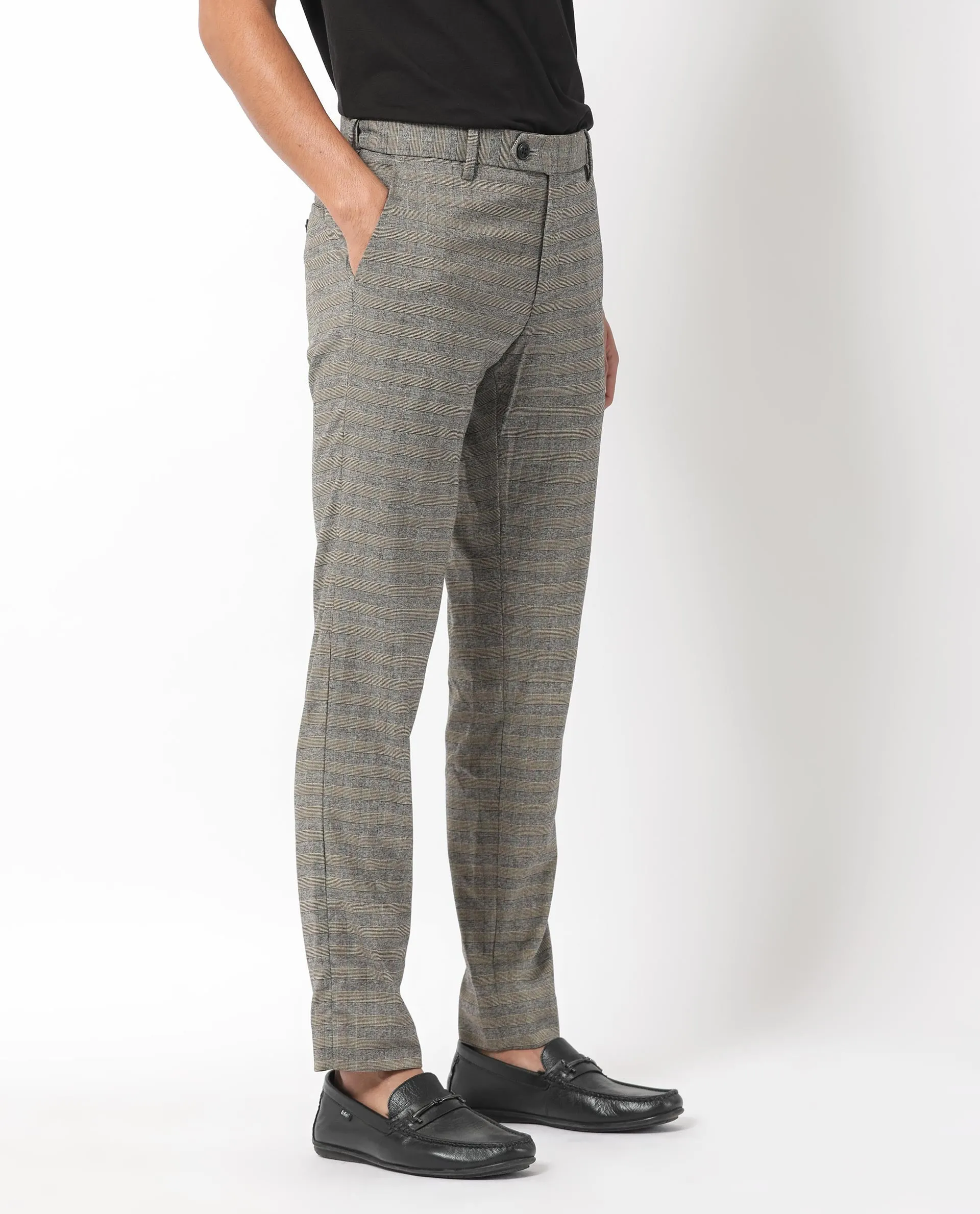 Rare Rabbit Men's Vertex Grey Mid-Rise Regular Fit Checks Trouser