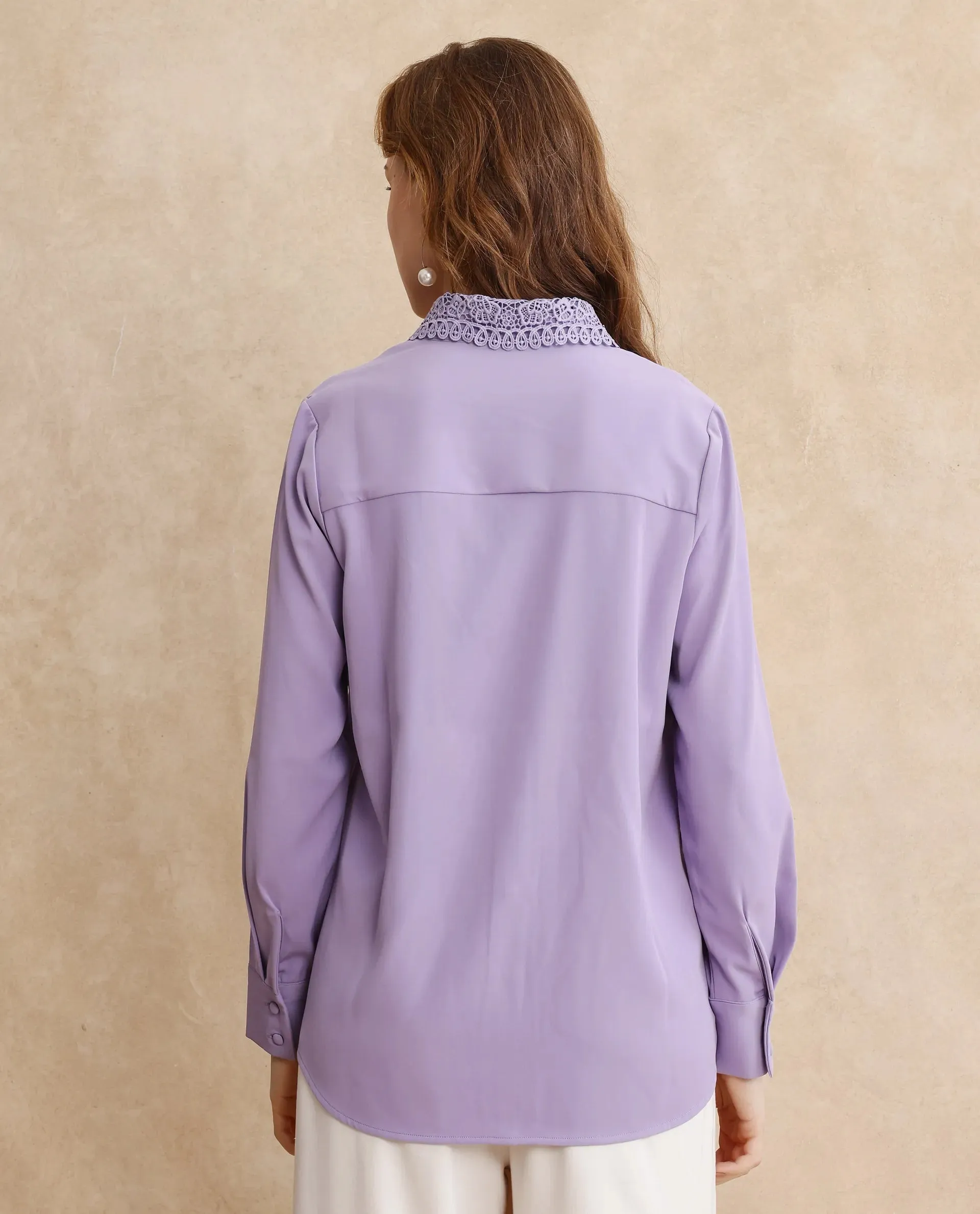 Rareism Women Dejon Dusky Lavender Cuffed Sleeve Collared Neck Regular Fit Plain Shirt